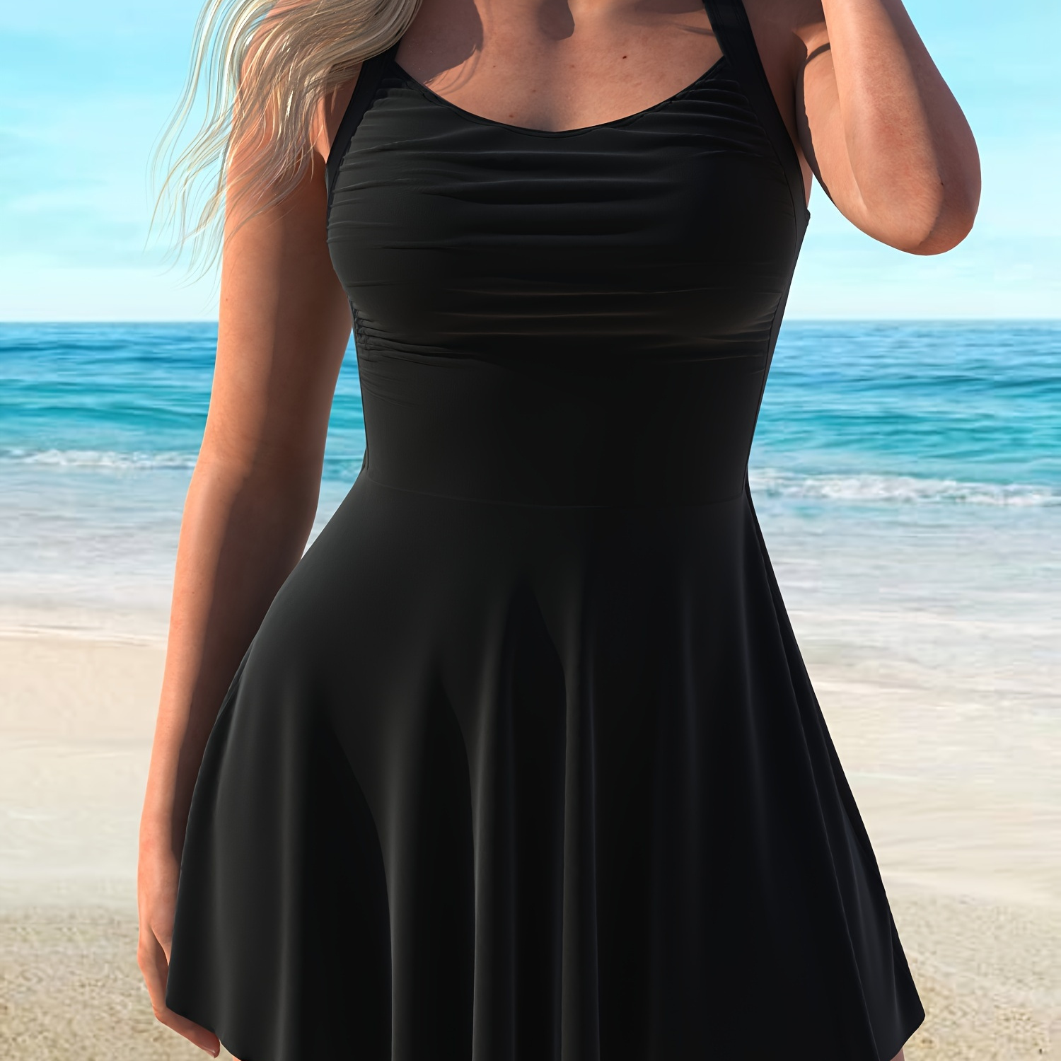 

Solid Black Halter Neck One-piece Tankini, High Stretch Modest Backless Swimsuit, Women's Swimwear & Clothing