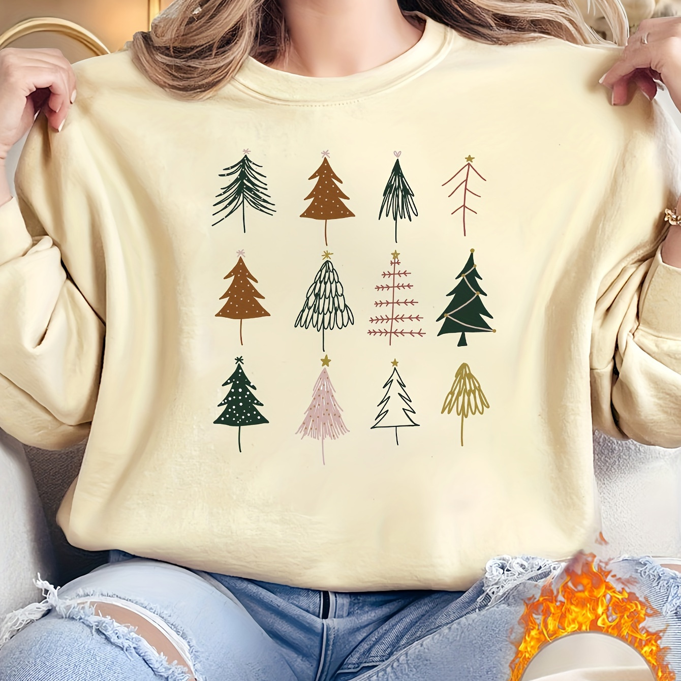 

Fleece-lined Christmas Tree Sweatshirt For Women - , Long Sleeve | Polyester | For Fall &