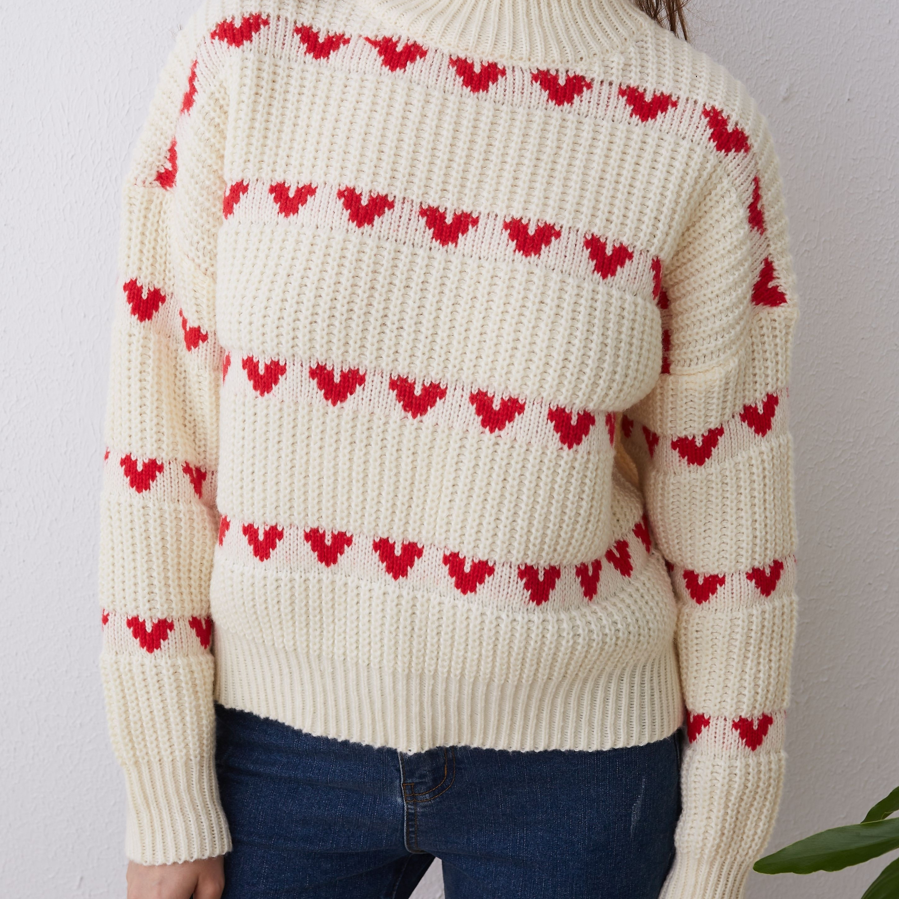 

Heart Pattern Knit Sweater, Casual High Neck Long Sleeve Sweater, Women's Clothing