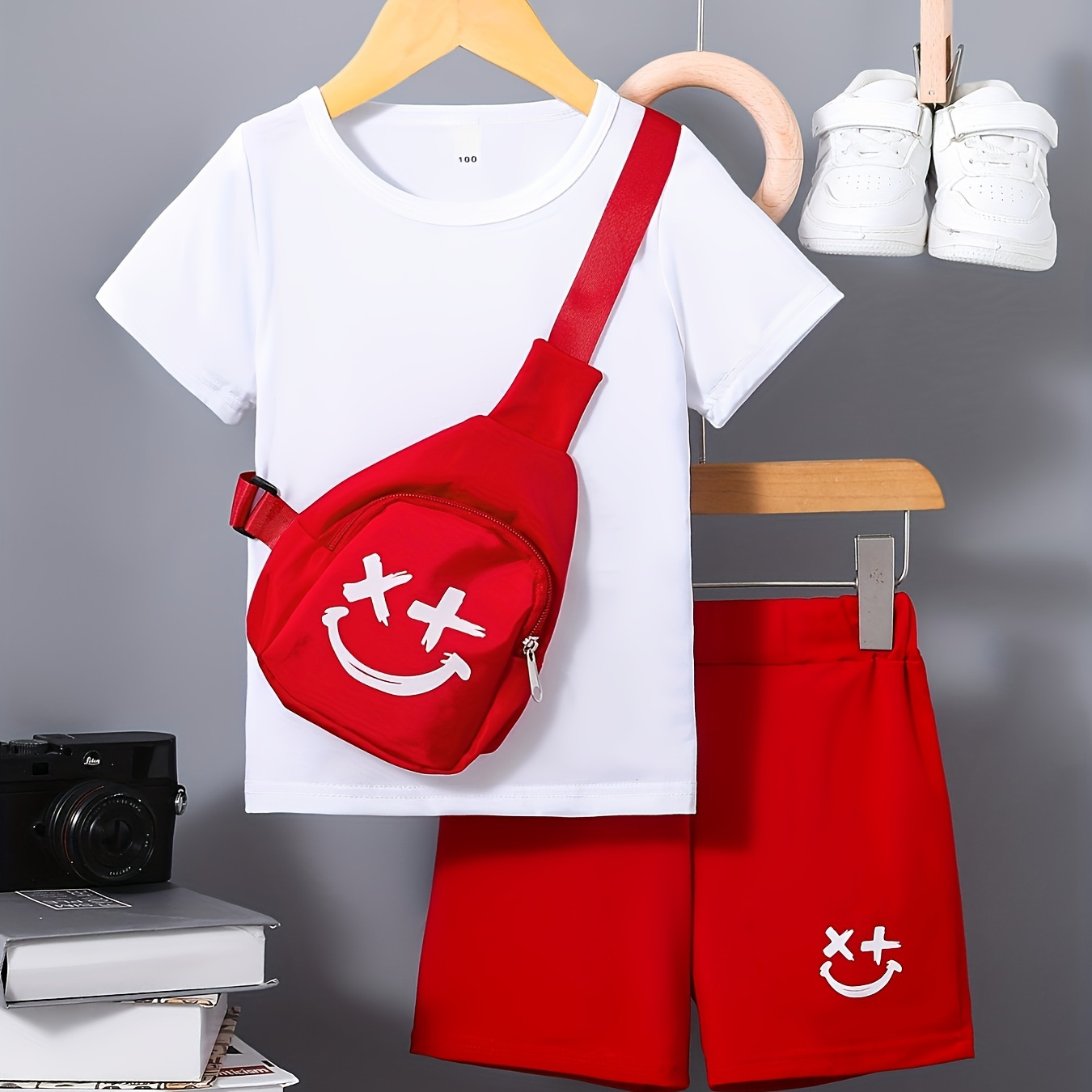 

3pcs Boys Casual Solid Short Sleeve T-shirt & Smile Face Print Shorts & Crossbody Bag Set, Comfy Summer Kids Clothing