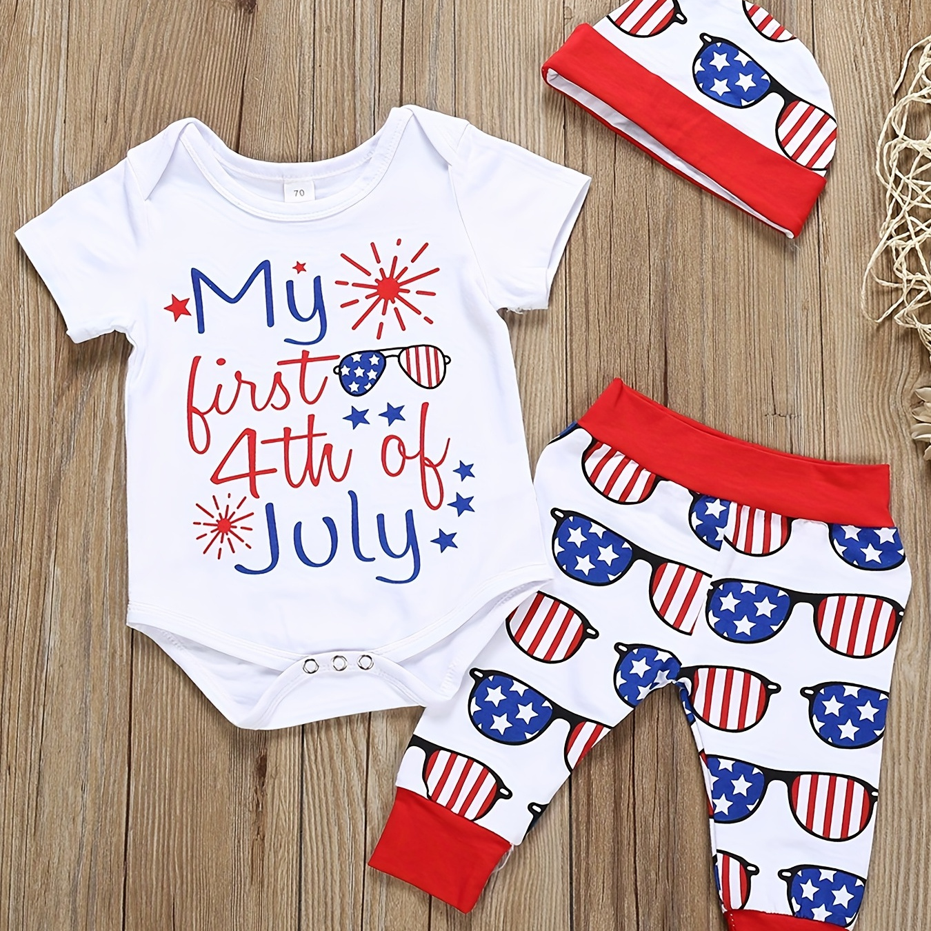 

3pcs Baby Boys Casual "my First 4th Of July" Short Sleeve Onesie & Pants & Hat Set, Cute Summer Clothes