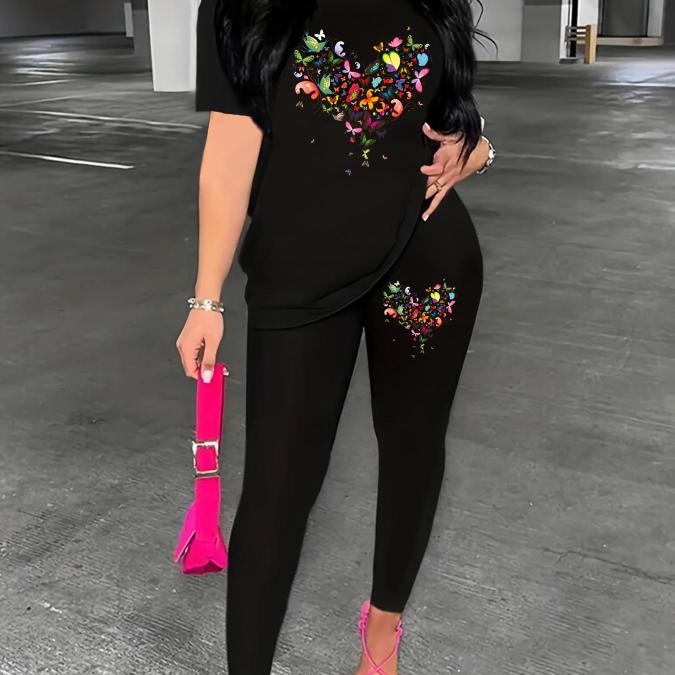 

Butterfly Heart Print Two-piece Set, Casual Short Sleeve T-shirt & Skinny Pants Outfits, Women's Clothing