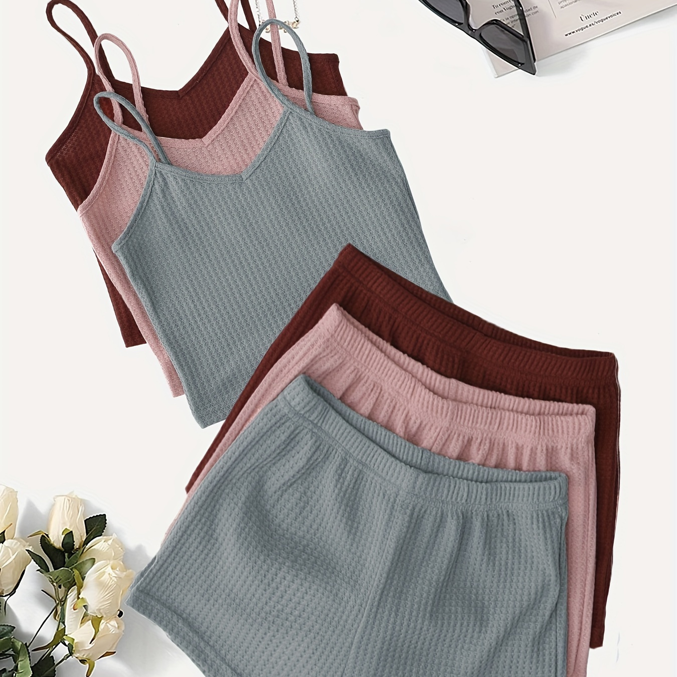 

3sets Two-piece Lounge Outfits, 3 Cami Tops + 3 Elastic Shorts, Women's Clothing