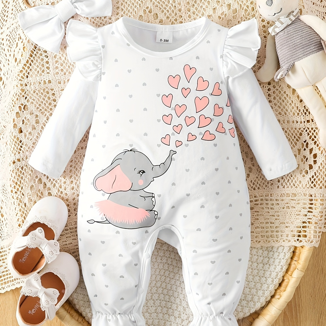 

Baby's Cartoon Elephant Heart Print Long Sleeve Cotton Romper & Hairband, Toddler & Infant Girl's Bodysuit