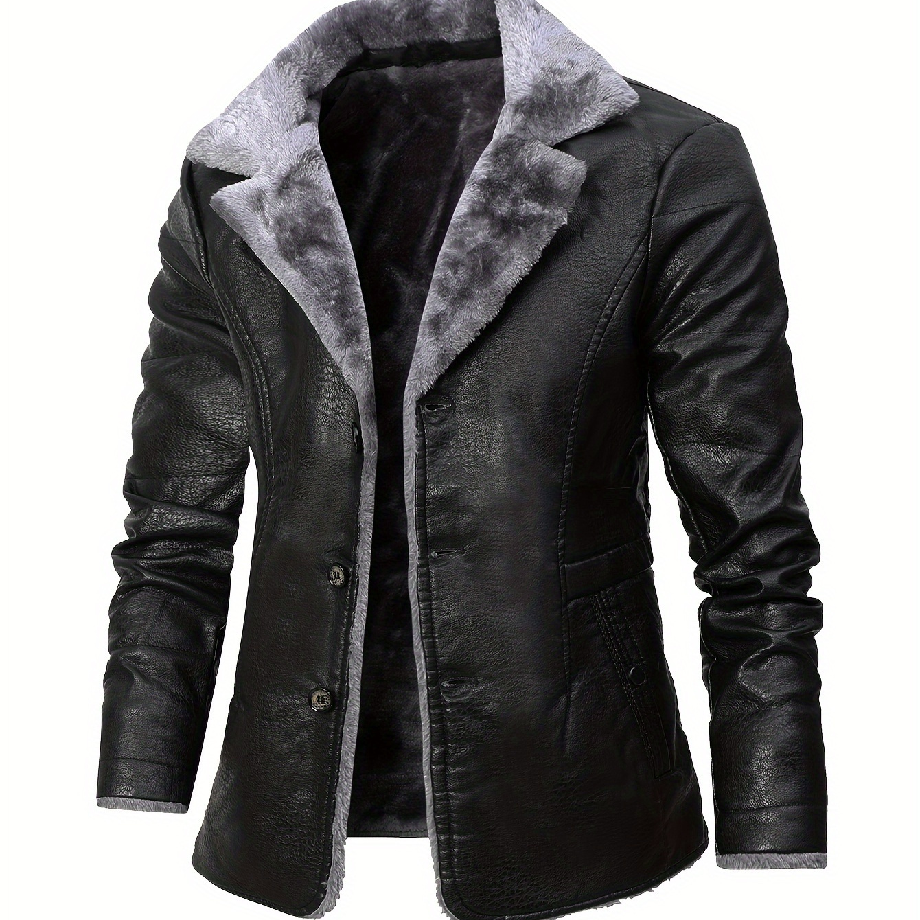 

Men's Casual Lapel Leather Jacket, Solid Velvet Warm Jacket