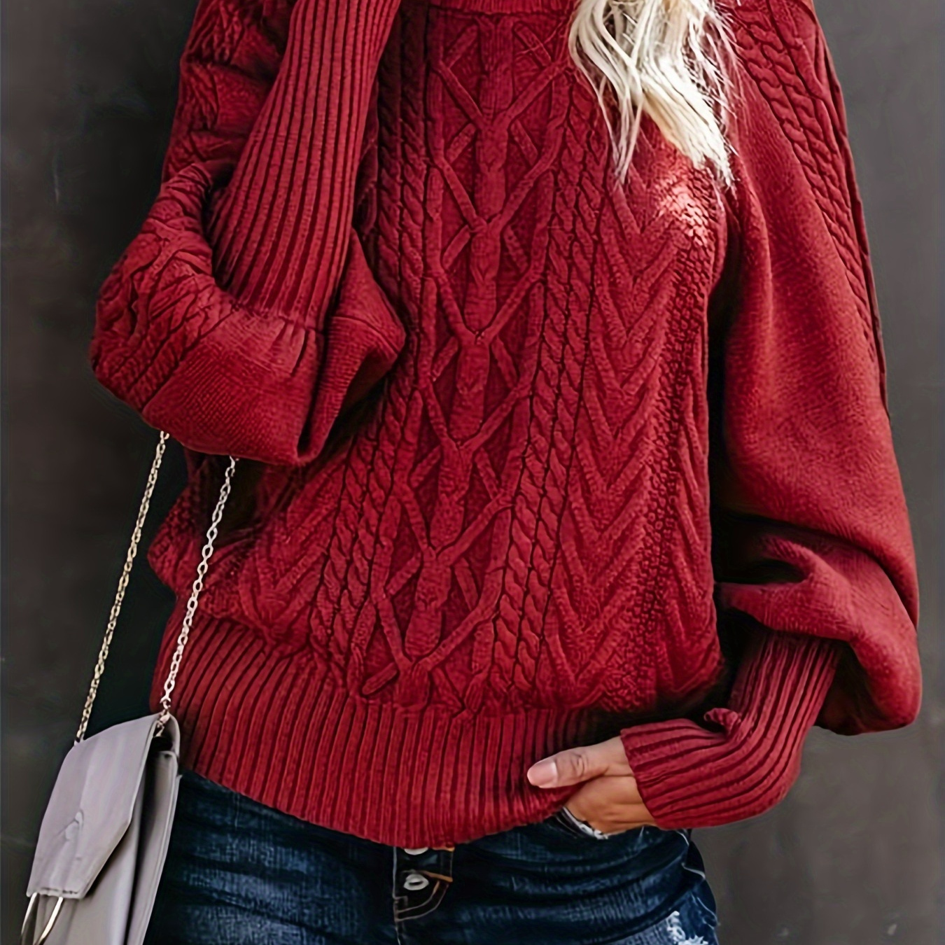 

Cable Knit Mock Neck Sweater, Elegant Long Sleeve Pullover Sweater For Fall & Winter, Women's Clothing