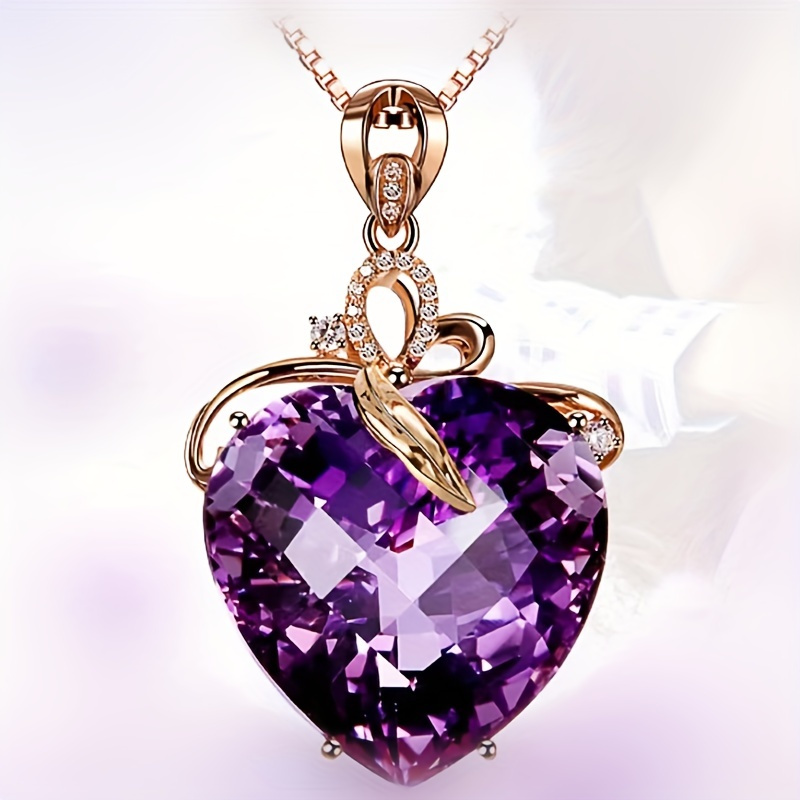 

1pc Heart Shaped Amethyst Pendant Necklace Golden Findings Artificial Gemstone Necklace Love Amethyst Good Choice For Female Valentine's Day