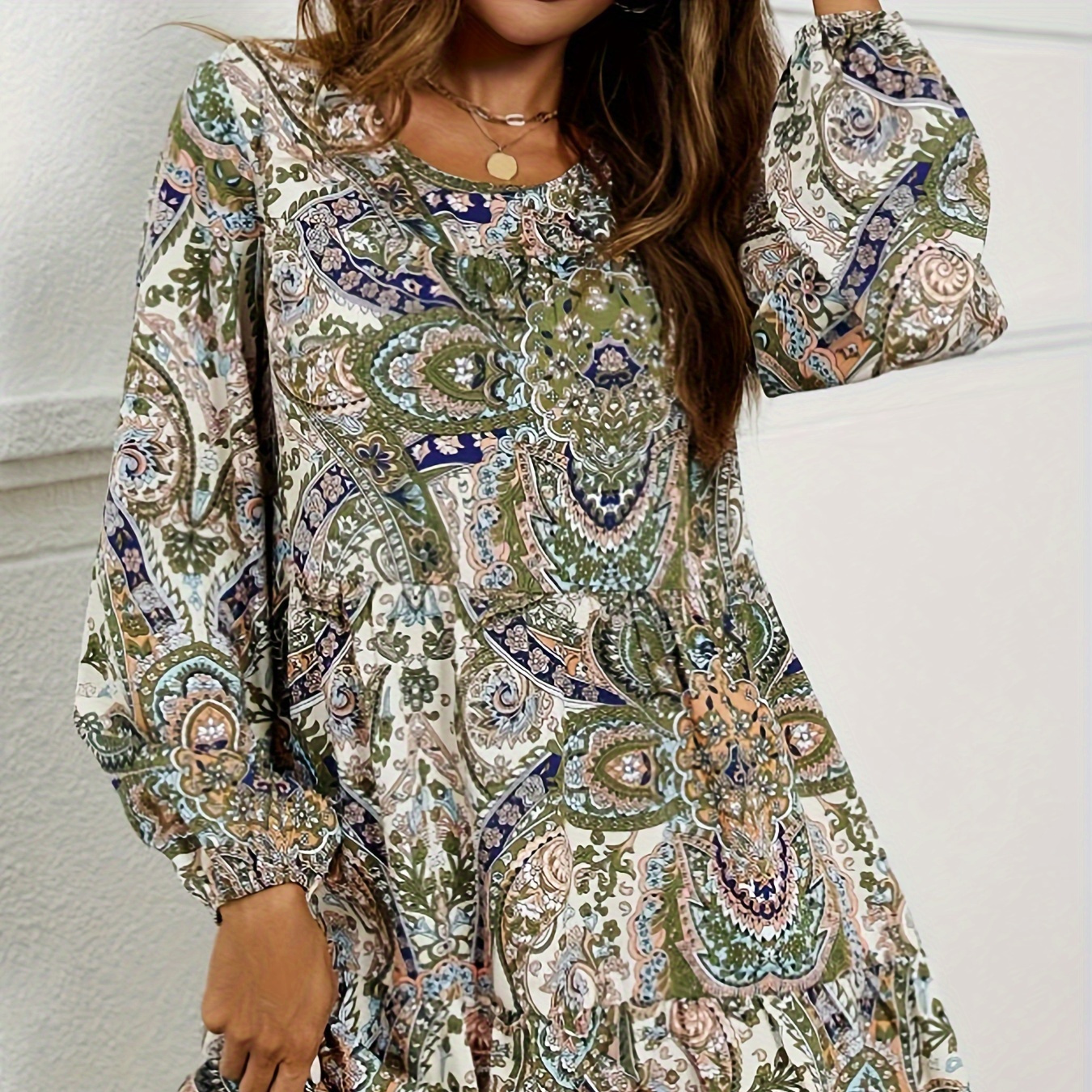 

Floral Print Lantern Sleeve Loose Dress, Casual Crew Neck Above Knee Dress, Women's Clothing