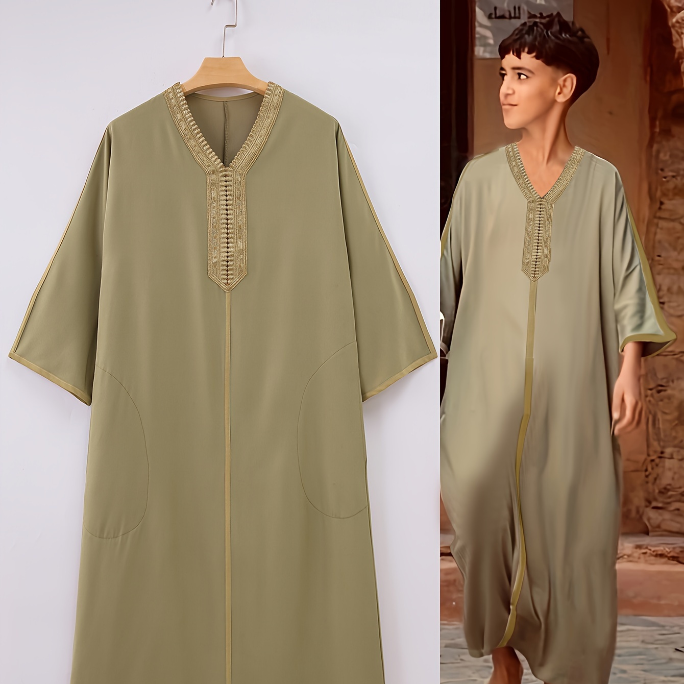

Boys Middle East V-neck Long Sleeve Arab Dubai Robe, Casual Ethnic Style Boys Embroidered Long Sleeve Thobe