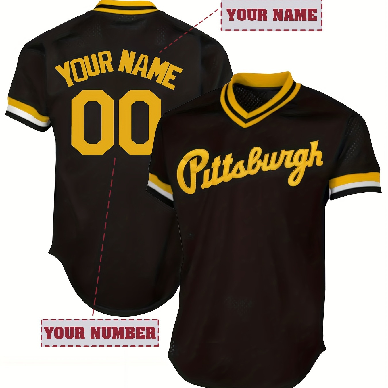 

Customized Name And Number Design, Men's Pittsburgh Embroidery Design Short Sleeve Loose Pullover V-neck Baseball Jersey, Sports Shirt For Team Training