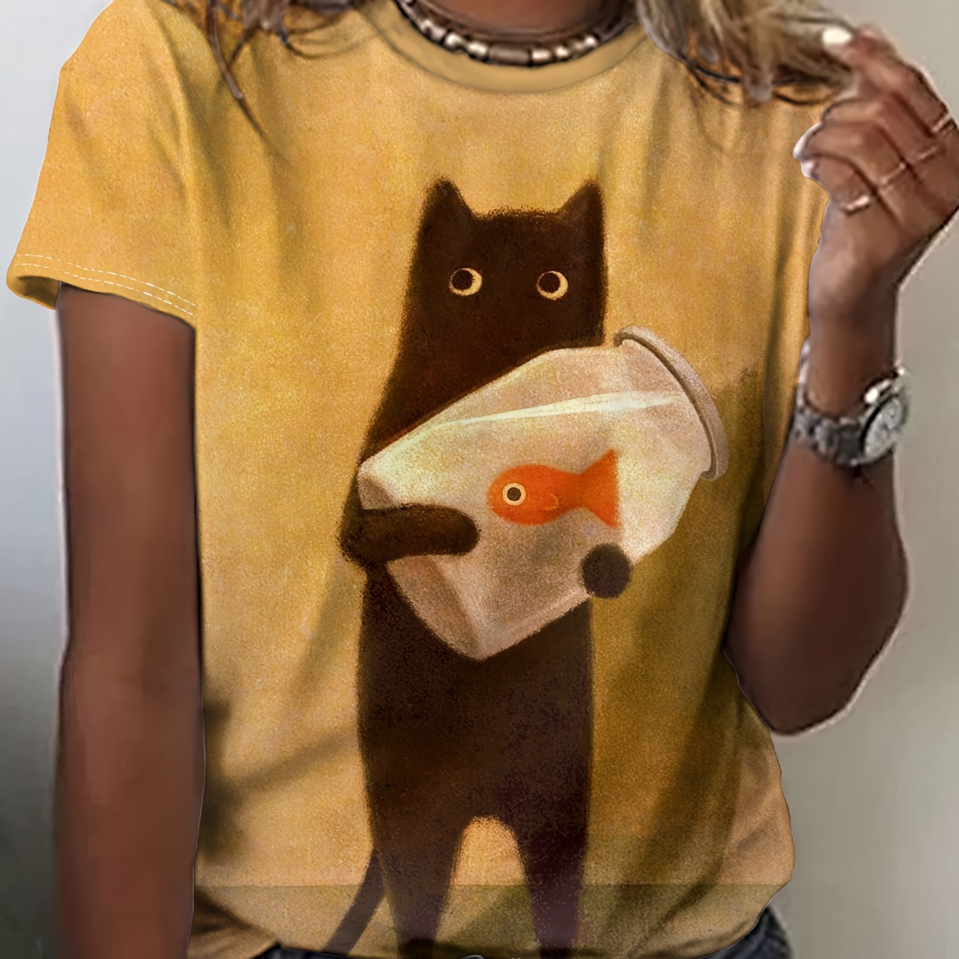 

Fish & Cat Print Crew Neck T-shirt, Casual Short Sleeve T-shirt For Spring & Summer, Women's Clothing