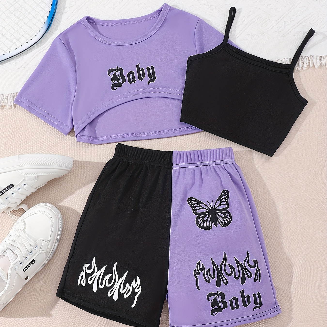 

Gothic Style 3-piece Girl's Outfits Crop Tee + Camisole + Color Block Shorts Casual Set Holiday Summer Clothes