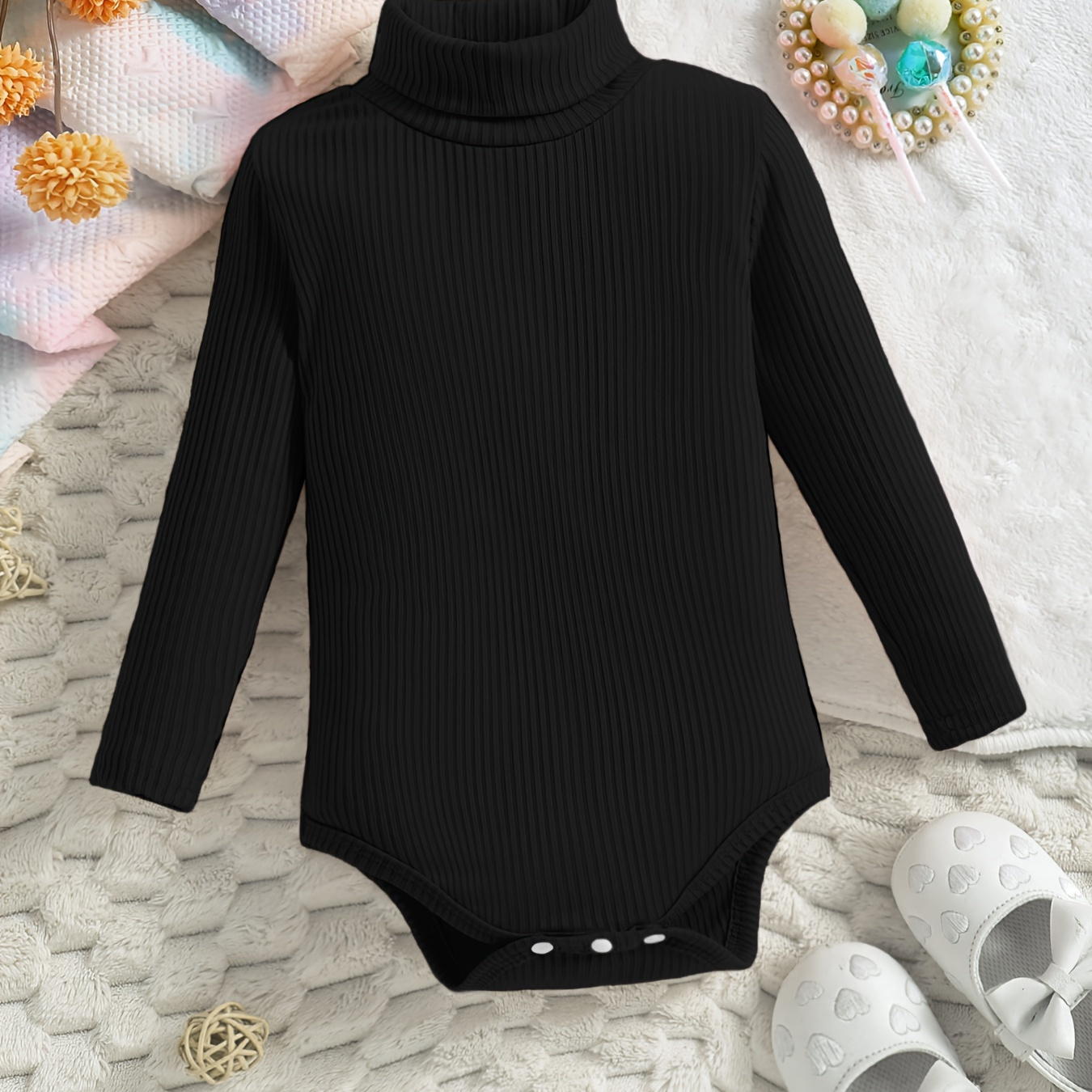 

Baby Girls Solid Color All-match Spring And Autumn Onesie, Long-sleeved Turtleneck Pullover Romper