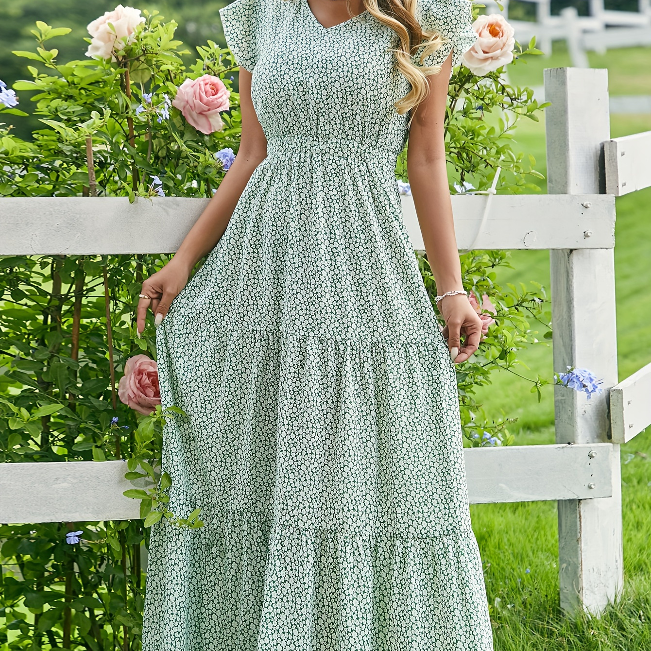 

Floral Print V Neck Maxi Dress, Elegant Flutter Sleeve Ruffle Hem Dress For Spring & Summer, Women's Clothing