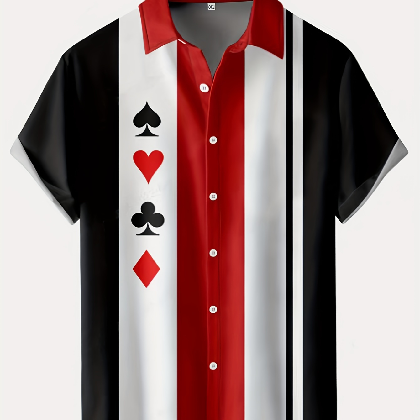 Poker Symbols & Stripe Print Men's Casual Short Sleeve Shirt, Men's Shirt For Summer Vacation Resort