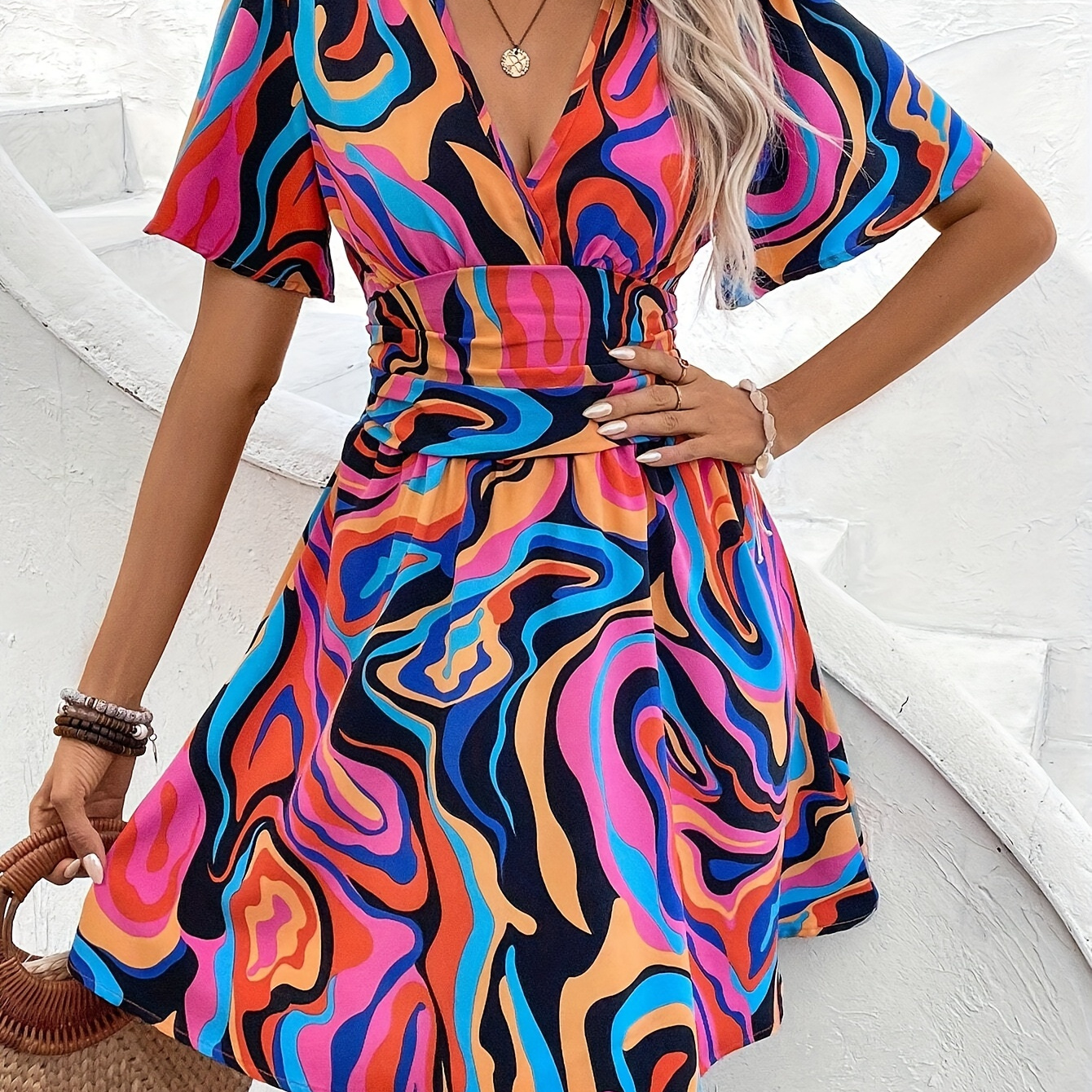 

Abstract Print Cinched Waist Dress, Elegant V Neck Short Sleeve A-line Midi Dress For Spring & Summer, Women's Clothing