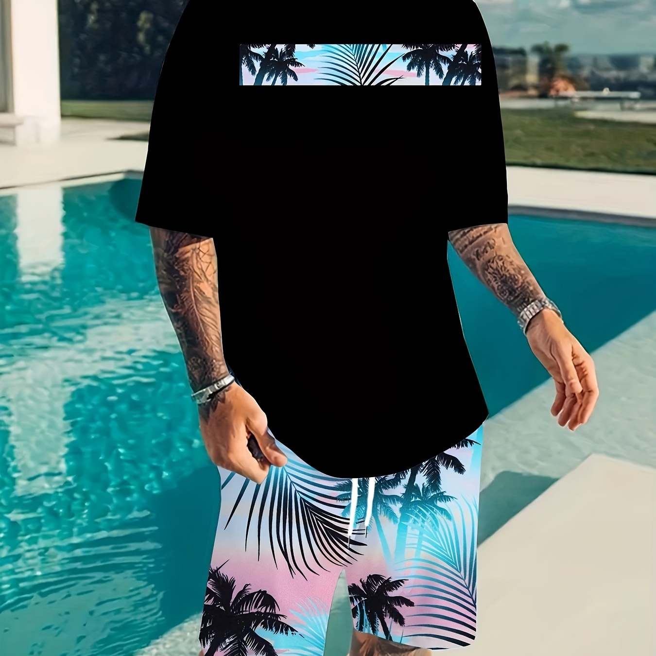 

Plus Size Men's Tropical Trees Print T-shirt & Shorts Co Ord Set For Summer, 2pcs Outfits For Outdoor Sports