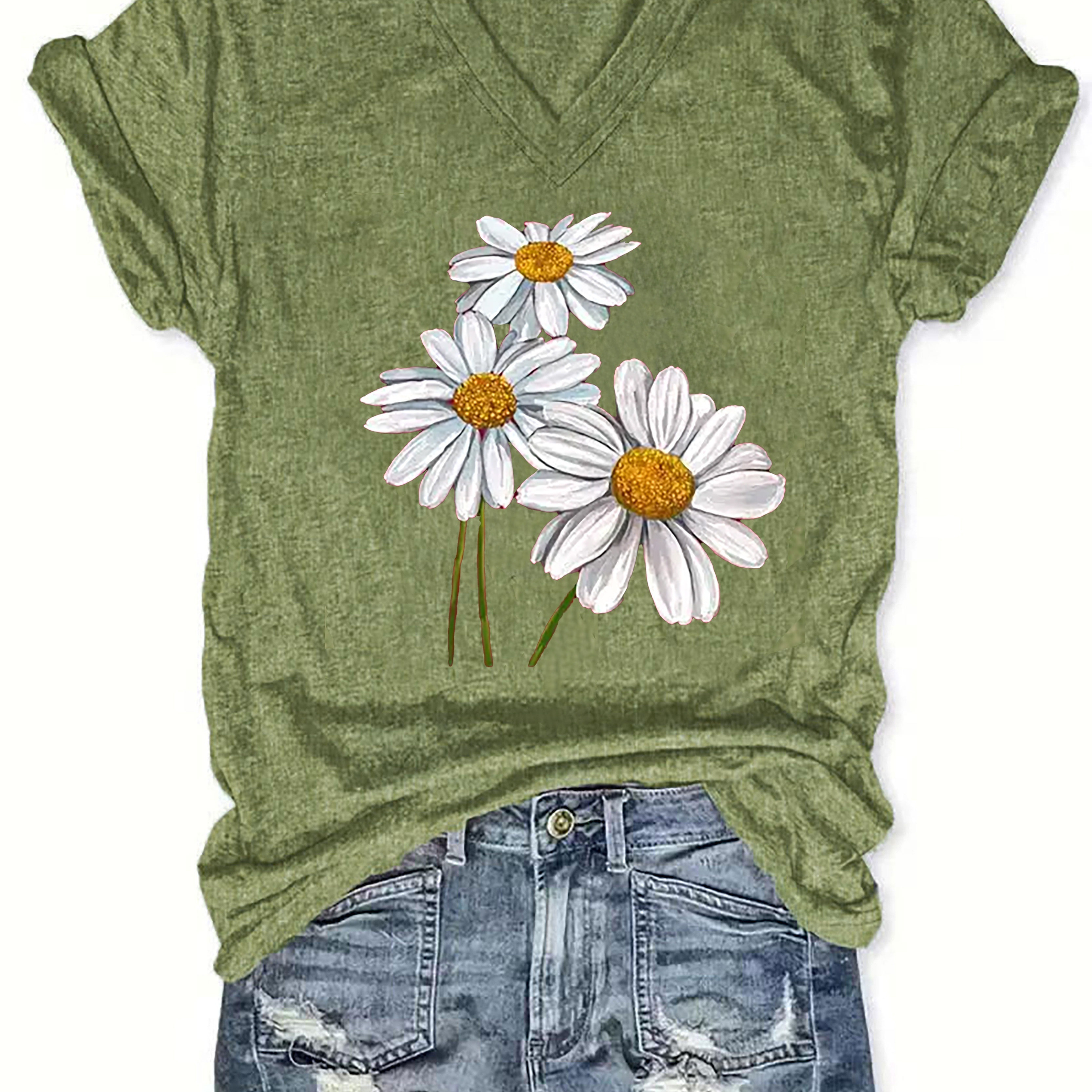 

Daisy Print V Neck T-shirt, Casual Short Sleeve T-shirt For Spring & Summer, Women's Clothing