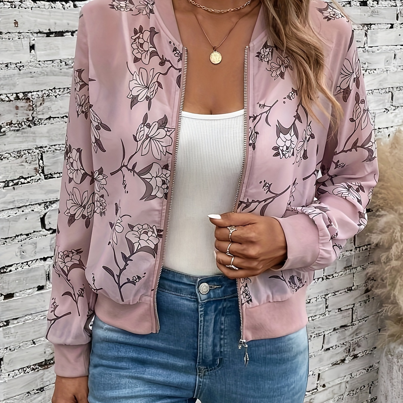 

Floral Print Zipped Crop Jacket, Stylish Long Sleeve Bomber Jacket For Spring & Fall, Women's Clothing