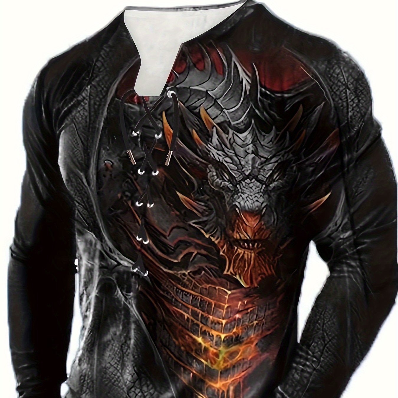 

Scary Dragon 3d Print Men's Long Sleeve Henley Tee, Men's Retro Clothing For Spring Fall