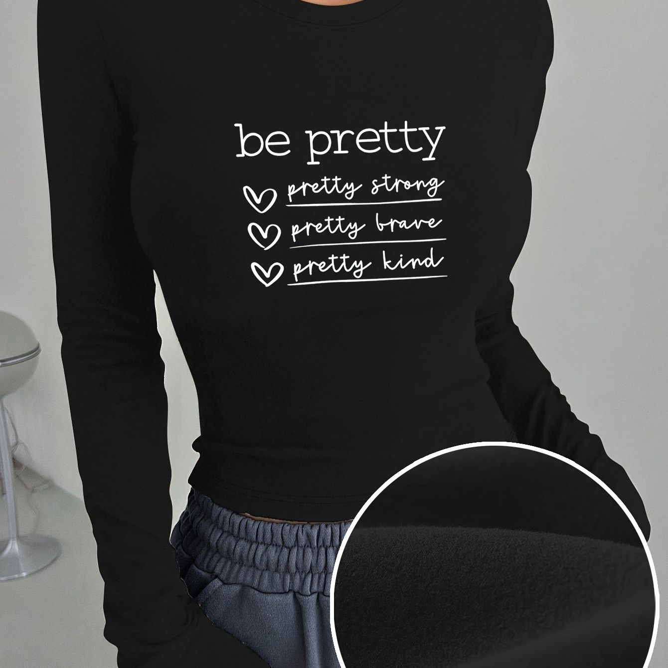 

Women's Elegant Long Sleeve Crew Neck T-shirt With Inspirational Letter Print, Polyester & Spandex , , Knit Fabric, Applique Detail, Fall/ Top