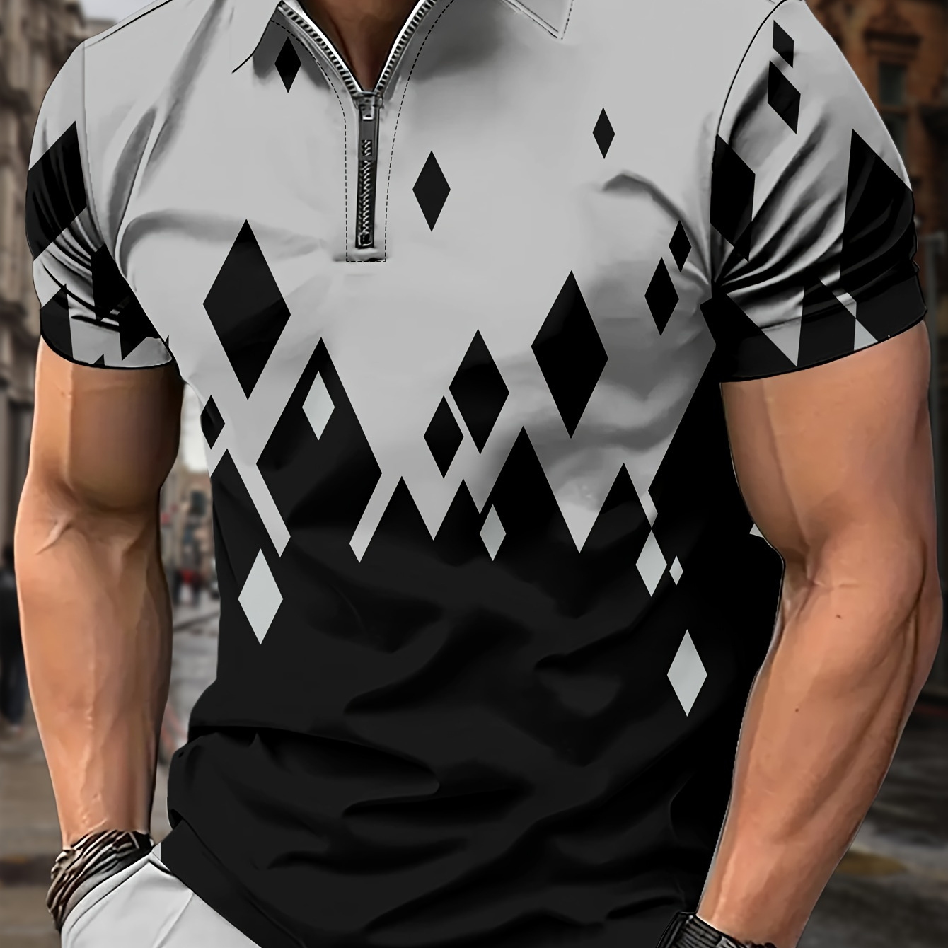 

Men's Zipper Golf Shirt, Graphic Print Short Sleeve Breathable Tennis Shirt, Moisture Wicking
