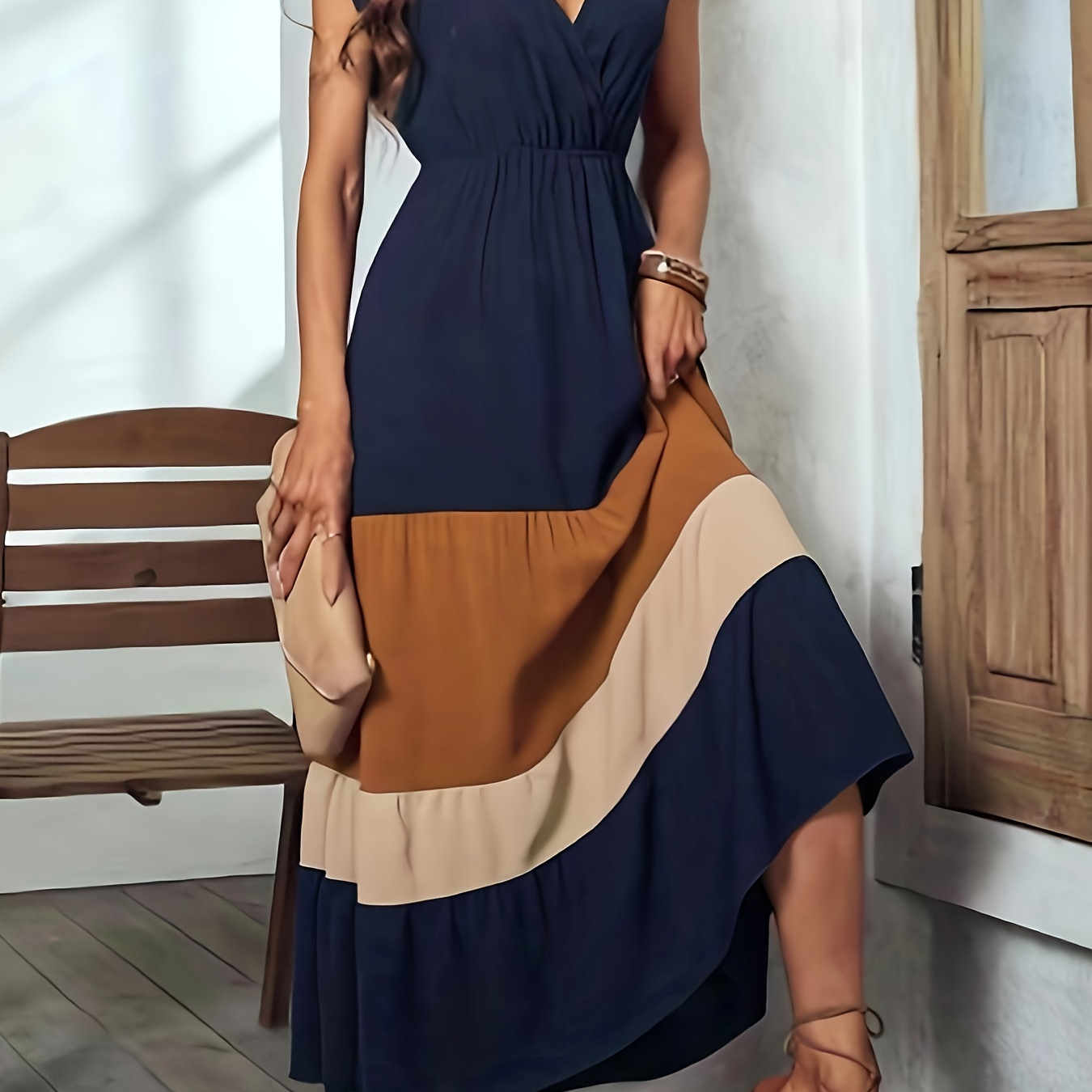 

Color Block Surplice Neck Dress, Elegant Sleeveless Maxi Dress, Women's Clothing For Elegant Dressing