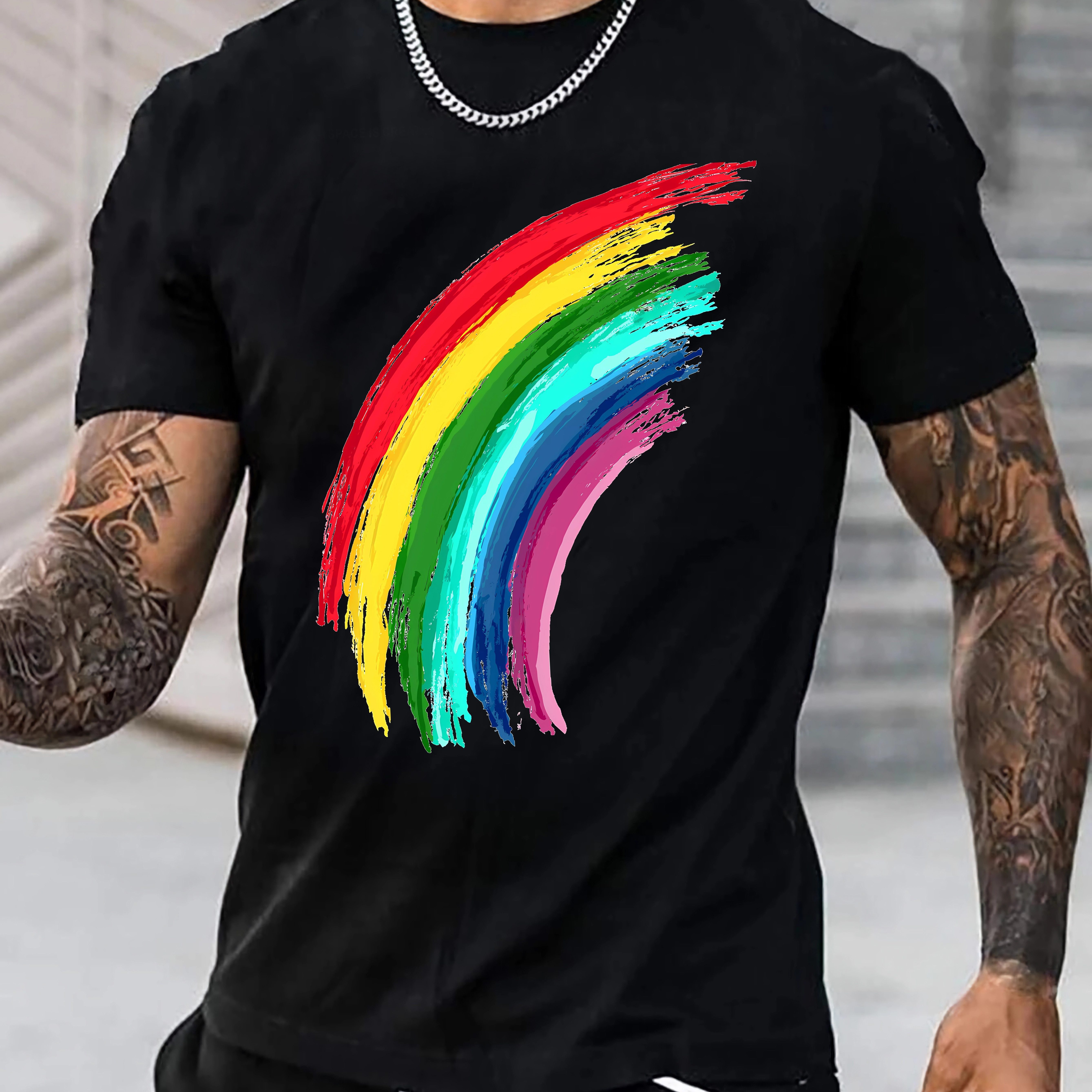 

Rainbow Print Tee Shirt, Tee For Men, Casual Short Sleeve T-shirt For Summer Spring Fall, Tops As Gifts