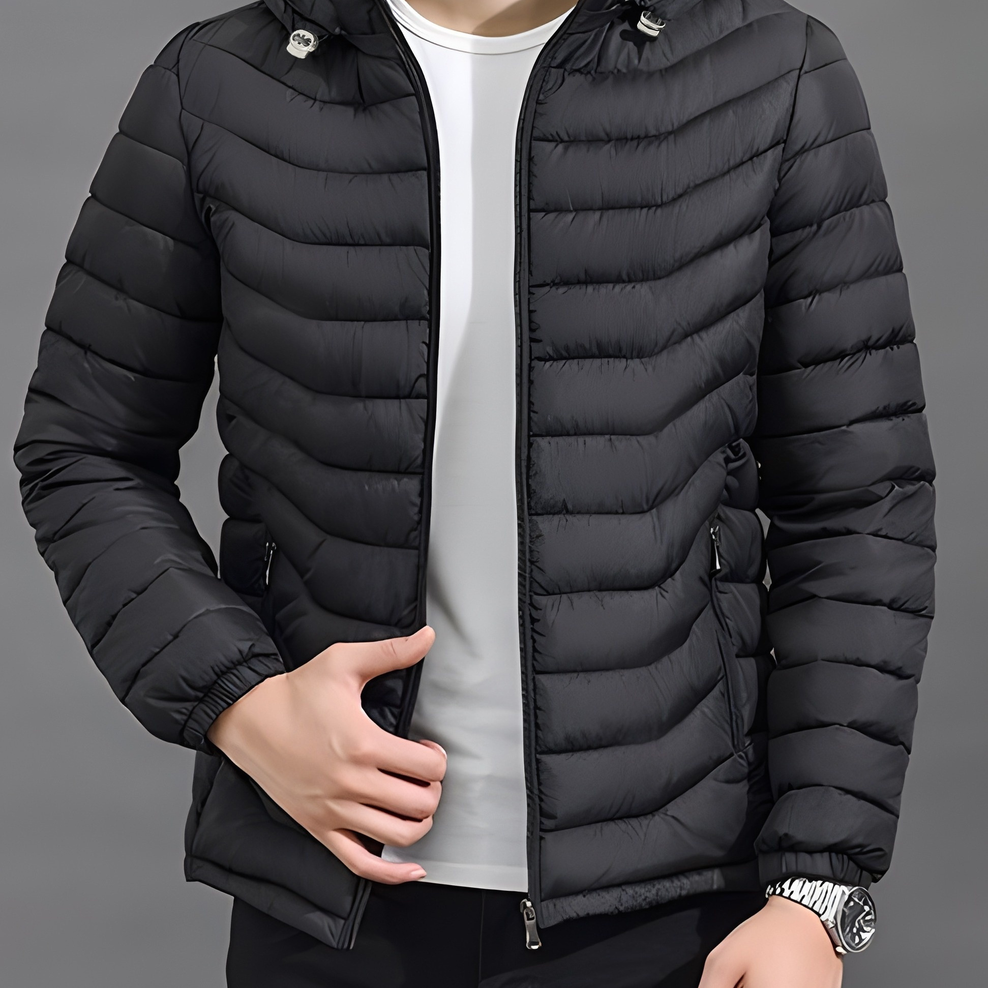 

Men's Stylish Solid Puffer Coat With Pockets, Casual Breathable Stand Collar Zip Up Long Sleeve Warm Hooded Quilted Jacket For City Walk Street Hanging Winter Outdoor Activities