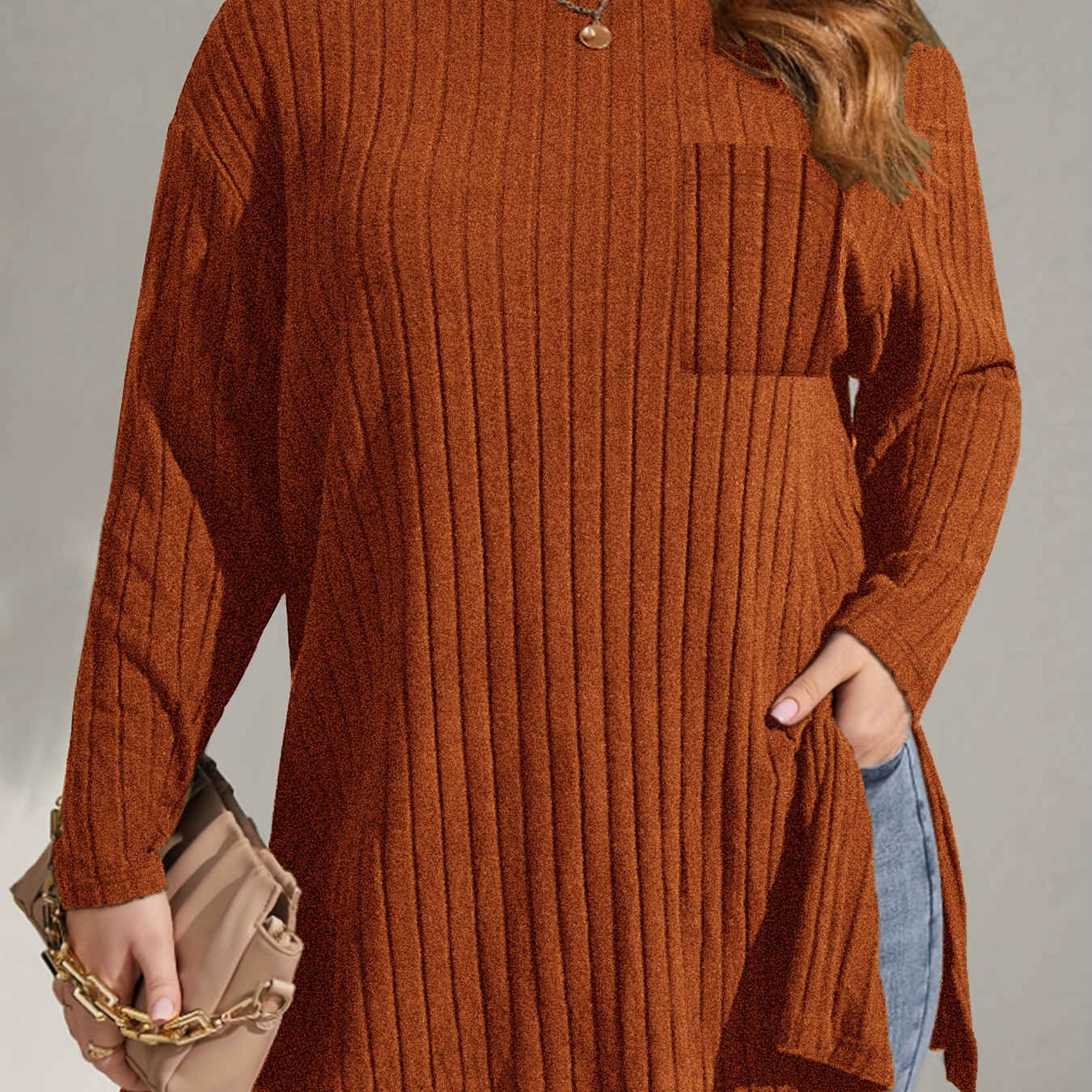 Plus Size Casual Knit Top, Women's Plus Solid Long Sleeve Round Neck Split Hem Knit Top