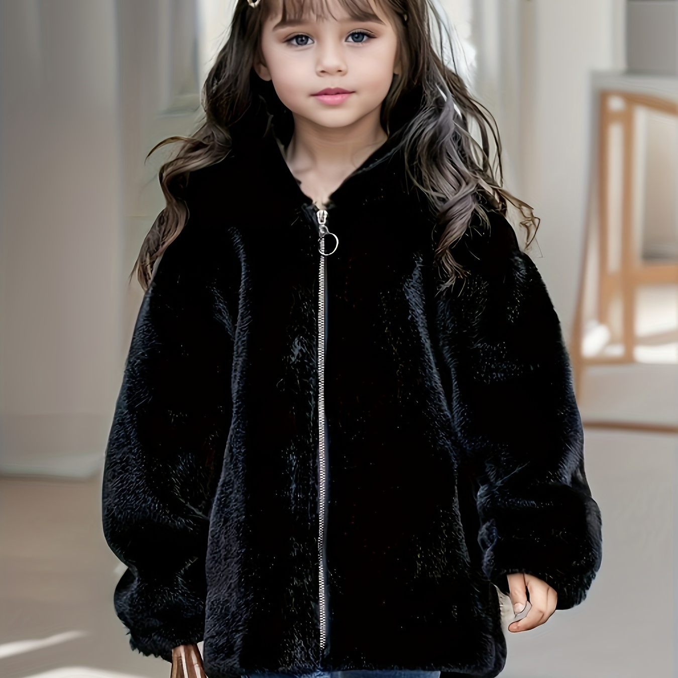 

Girls Stylish & Baggy Imitation Mink Fleece Hooded Coat Thickened Warm Winter Outerwear