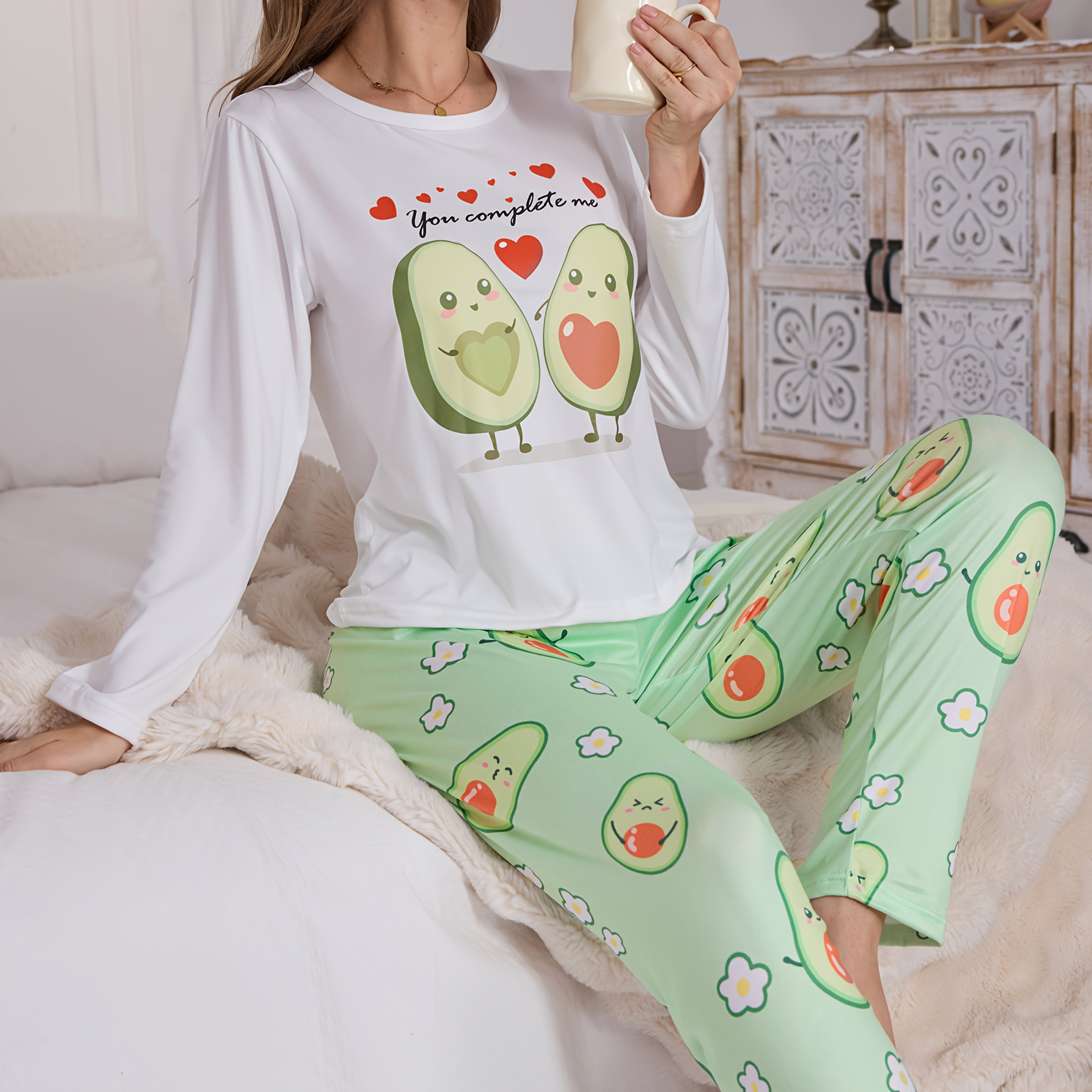 

Women's Cute Avocado Print Pajama Set, Long Sleeve Crew Neck Top With Bow Tie Detail And Matching Pants, Polyester Knit Fabric, All Season Sleepwear