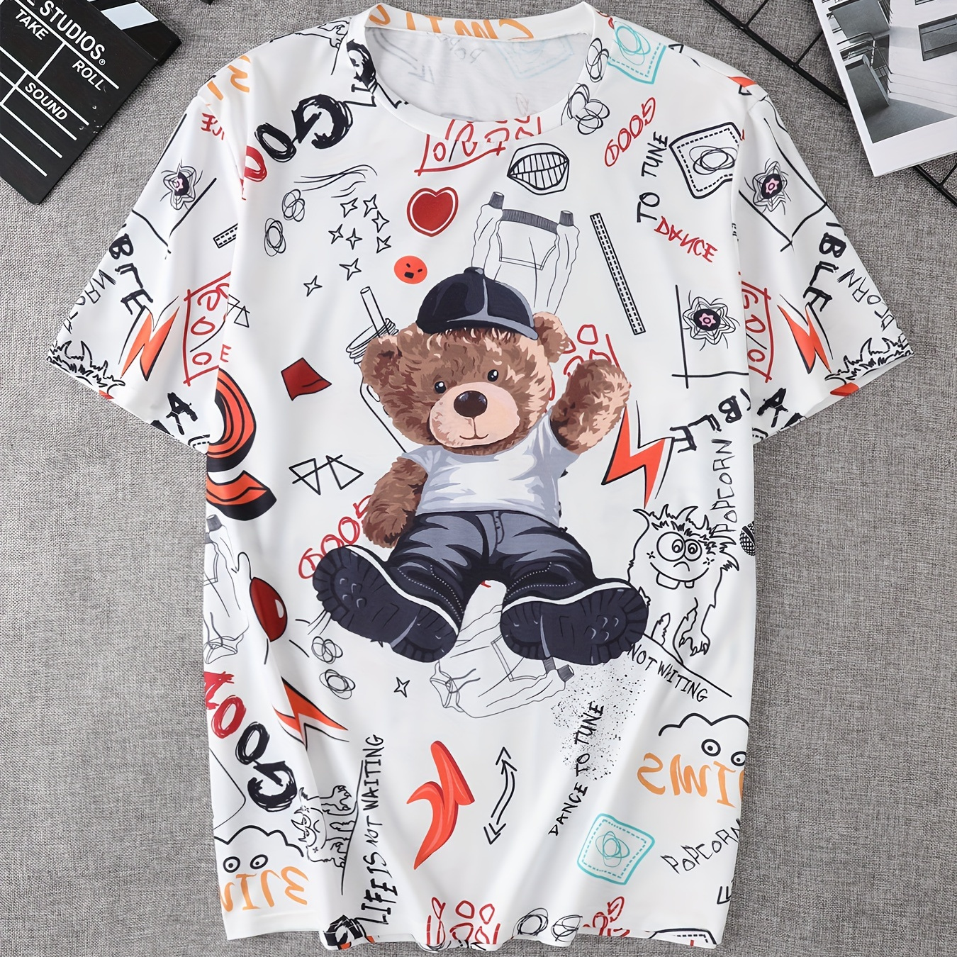 

T-shirt élégant pour homme avec motif de graffiti de dessin animé et d'ours en peluche pour l'été en plein air