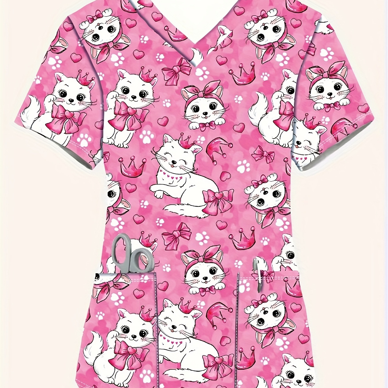 

Women's Cute Print V-neck Scrub Top With Pockets - Comfortable & Stylish Medical Nurse Uniform, Machine Washable