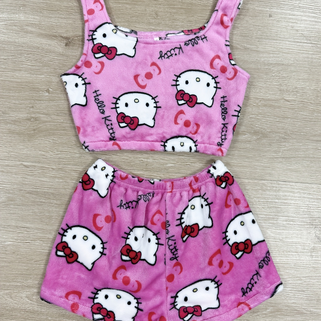 

Cozy Flannel Clothing Set For Teens - Cute Cartoon Print Tank Top & Shorts, Machine Washable