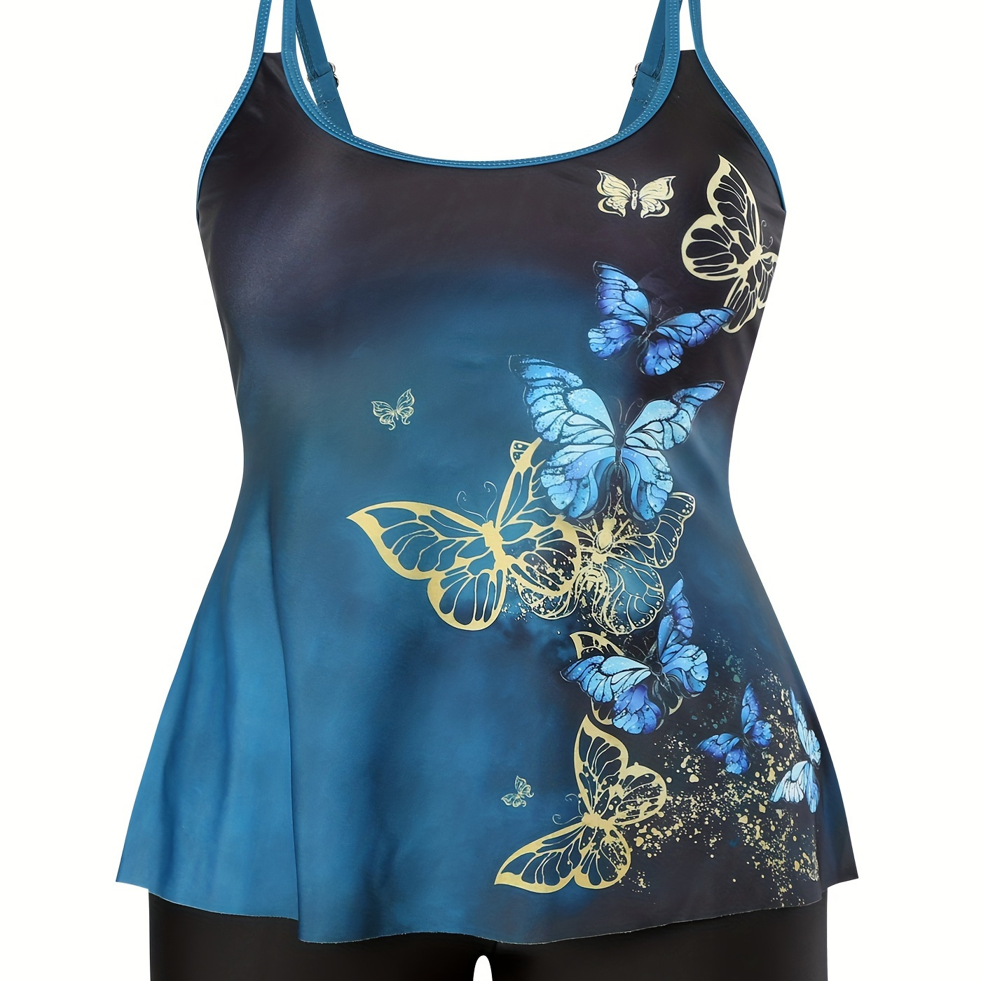 

Plus Size Fashionable Tankini Set, Women's Plus Tie Dye & Butterfly Print Round Neck Cami Top & Shorts Swimsuit 2 Piece Set