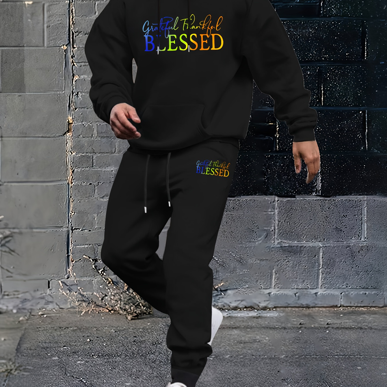 

Colorful Blessed Print, Men's 2pcs Outfits, Casual Crew Neck Long Sleeve Pullover Hoodie And Drawstring Sweatpants Joggers Set For Spring And Fall, Men's Clothing