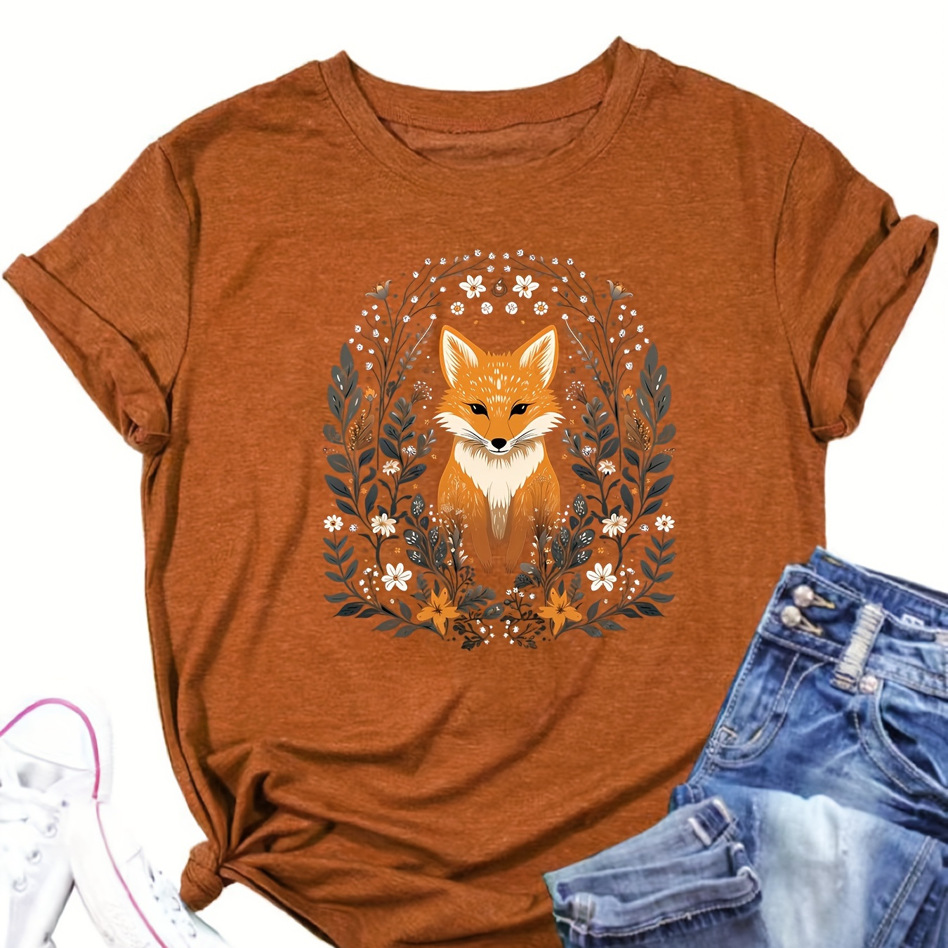 

Women's Casual Fox Graphic Tee, Short Sleeve Crew Neck Top, 60% Polyester 35% Rayon 5% Spandex, Slight Stretch Knit Fabric, Regular Fit Animal Print Shirt For All