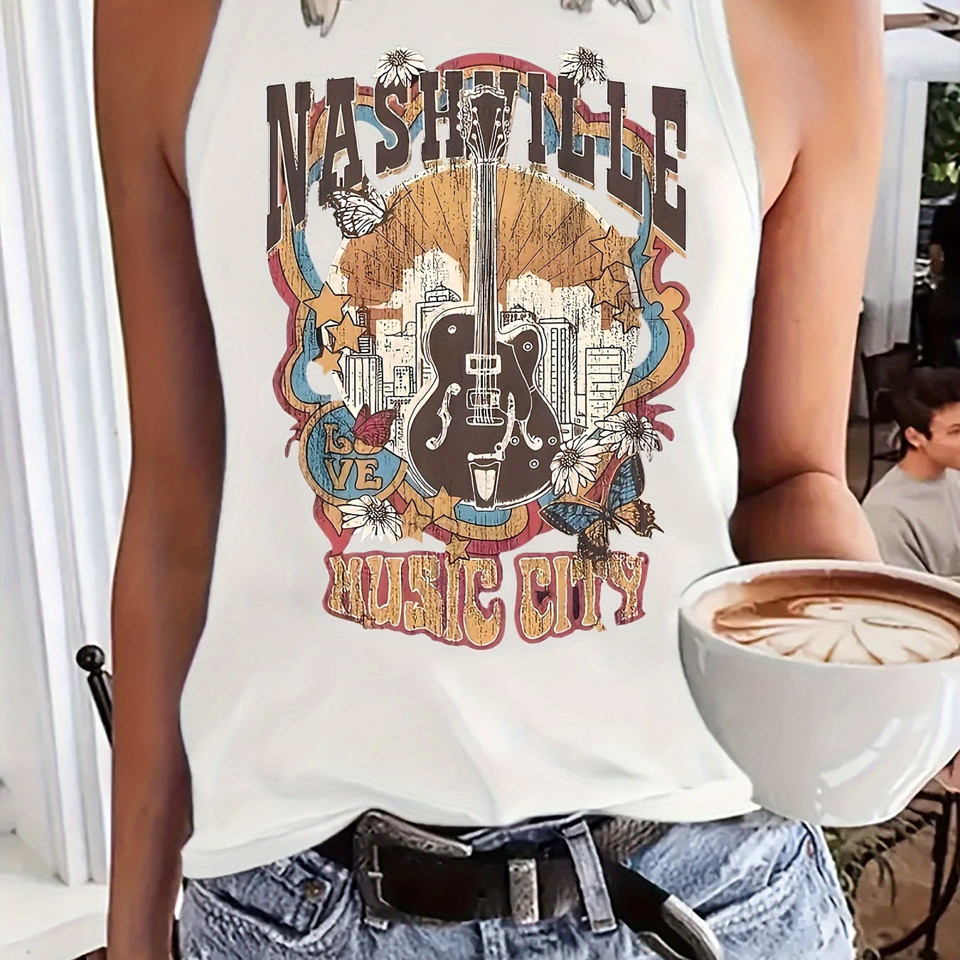 

Guitar Graphic Print Tank Top, Sleeveless Casual Top For Summer & Spring, Women's Clothing