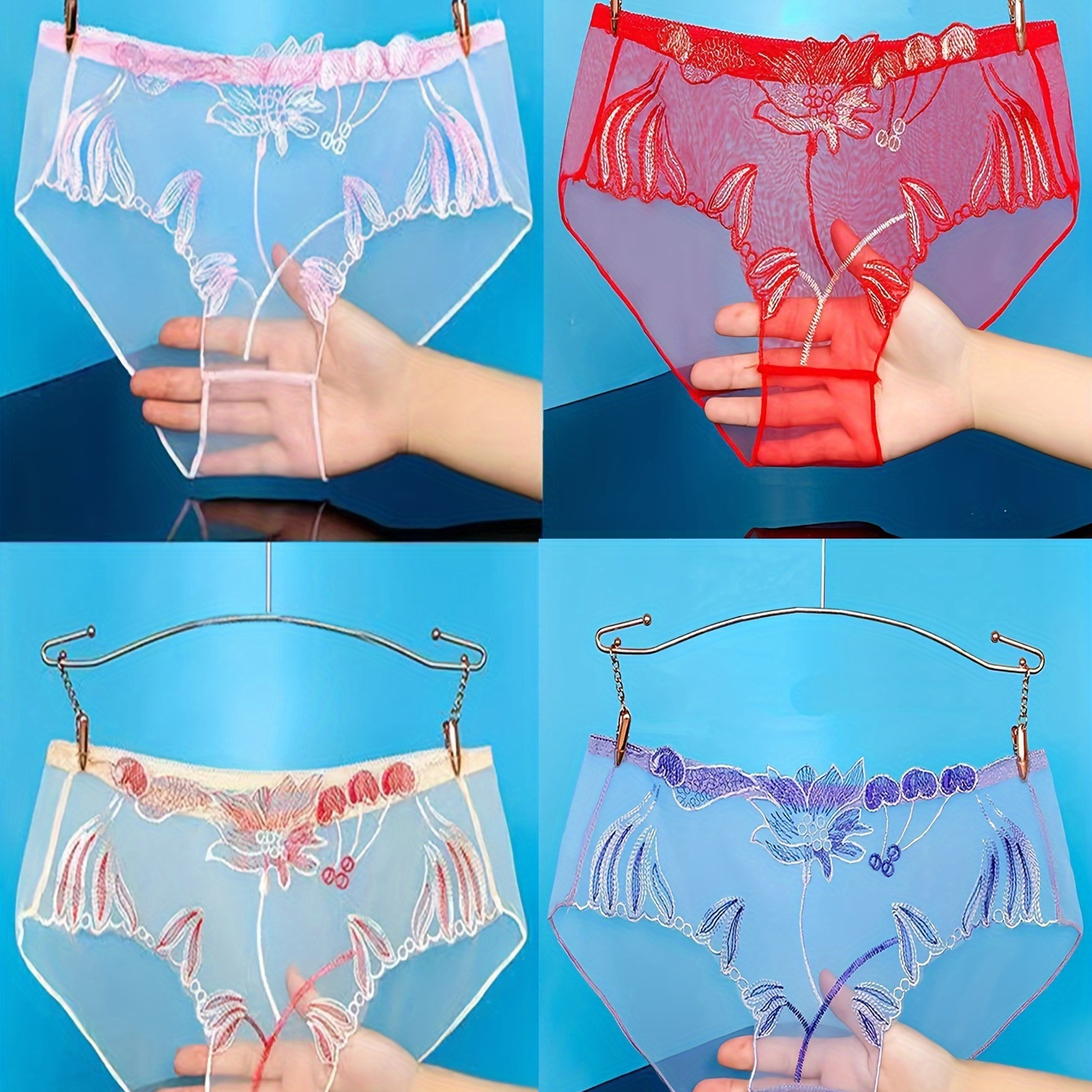 

4 Pcs Floral Embroidery Mesh Thongs, Semi Sheer Low Waist Intimates Panties, Women's Sexy Lingerie & Underwear