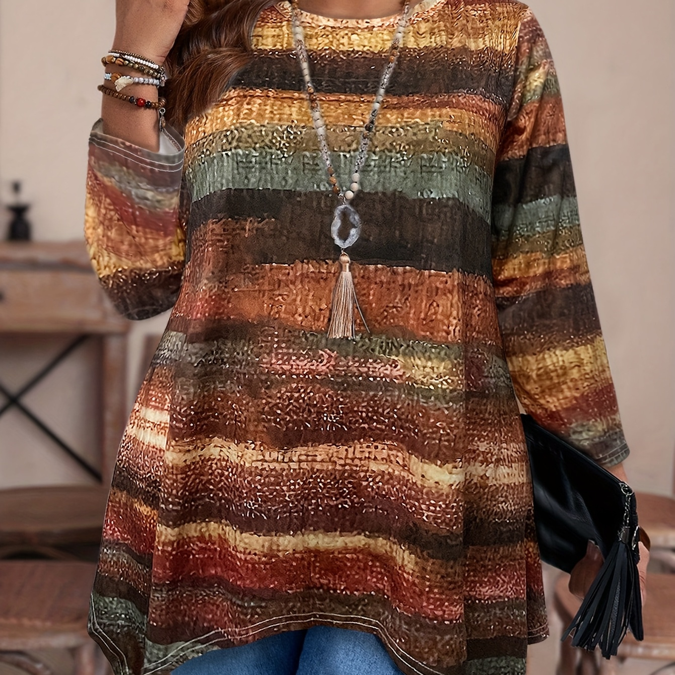 TEMU Plus Size - Plus Size - Size - Women's Plus Size Long Sleeve Crew Neck T-shirt With Vibrant Abstract Print - Casual Fall/winter Top, Design, Ribbed Texture, Perfect For Casual Attire