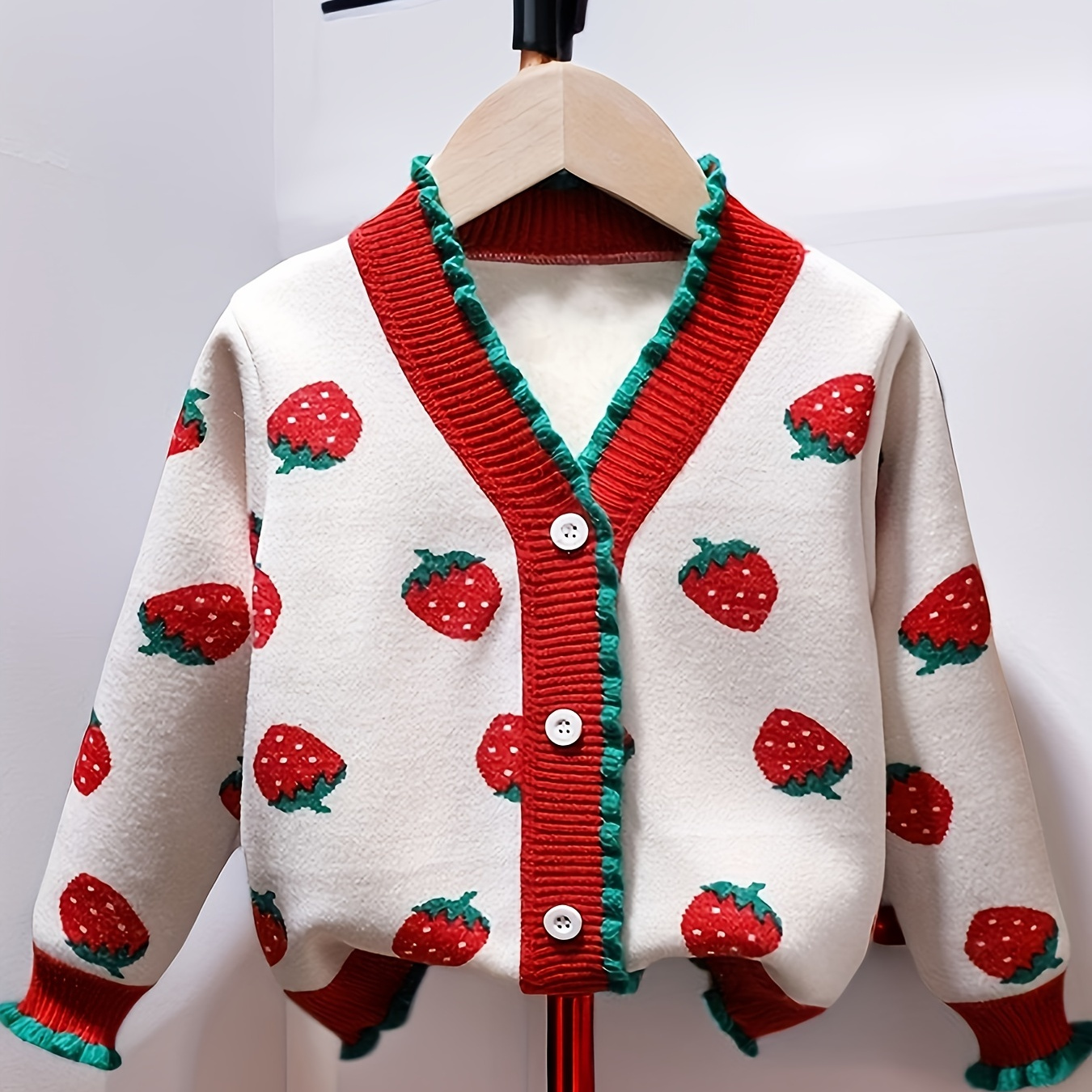 

Girl's Strawberry Pattern Cable Knit Cardigan, Casual Button Front Sweater, Girl's Clothing