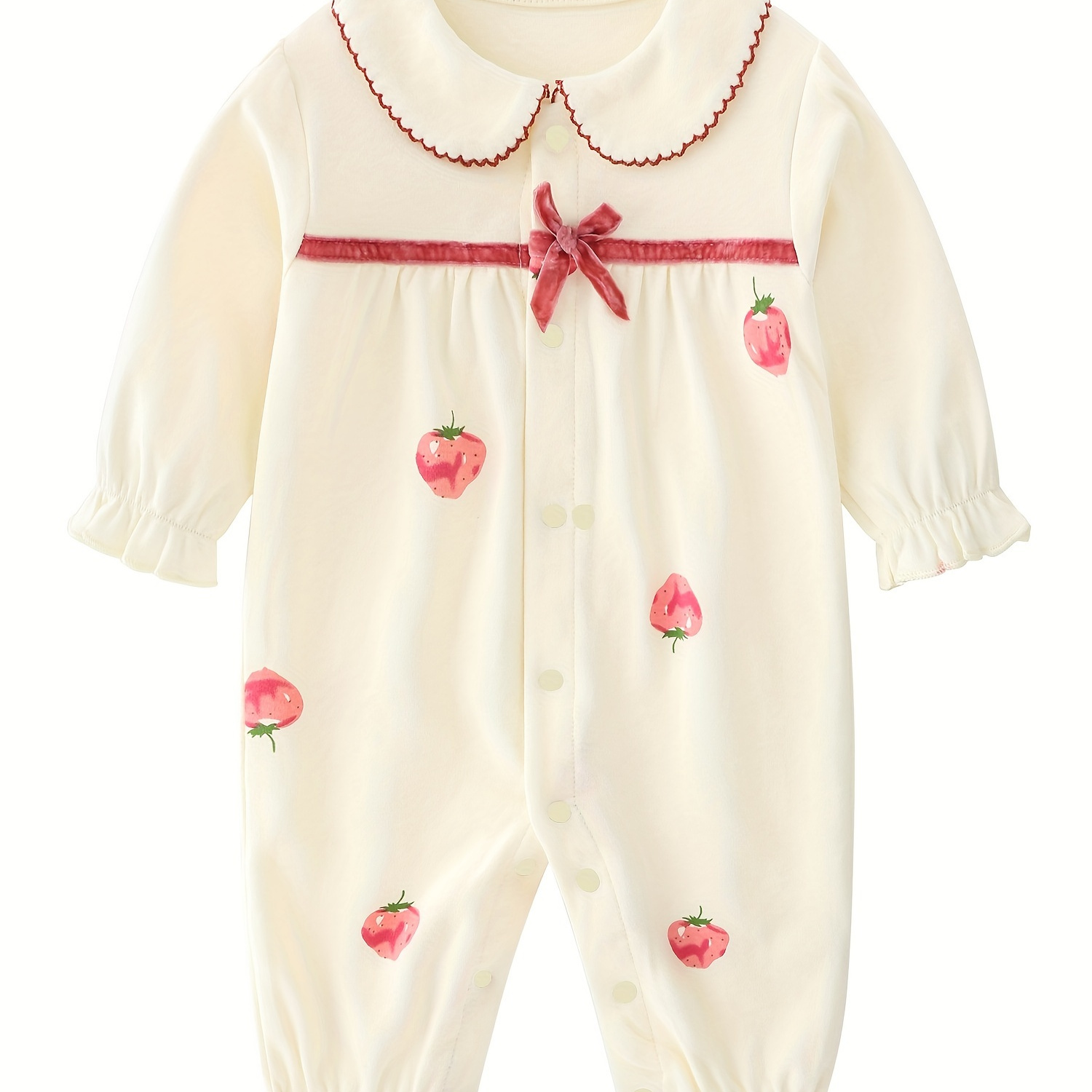 

Infant's Lovely Strawberry Print Cotton Bodysuit, Collar Long Sleeve Onesie, Baby Girl's Clothing