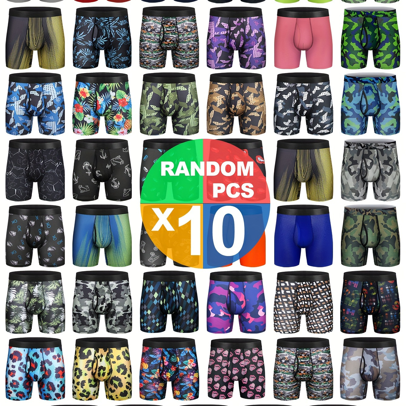 

10pcs Random Set Men's Long Boxers Briefs Shorts, Breathable Comfy Stretchy Quick Drying Sports Boxers Trunks, Men's Novelty Graphic Underwear