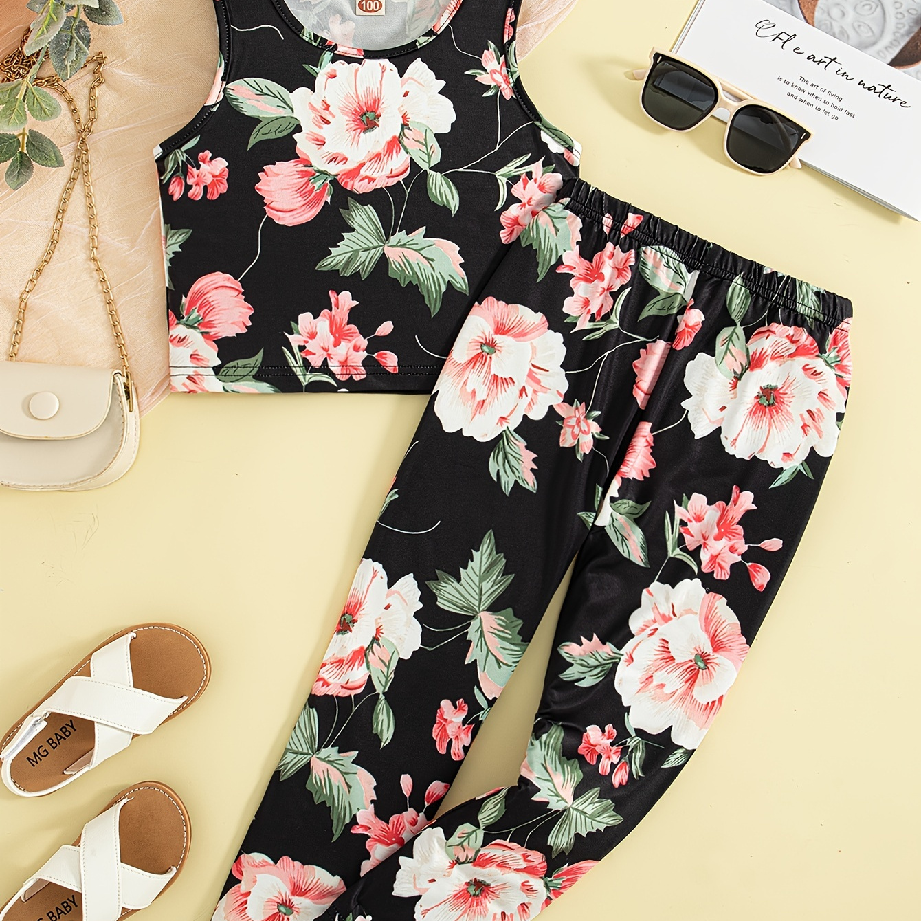

Black Floral Print Girls 2pcs Outfit Sleeveless Tank Top & Pants Set Sports Everyday Summer Clothes