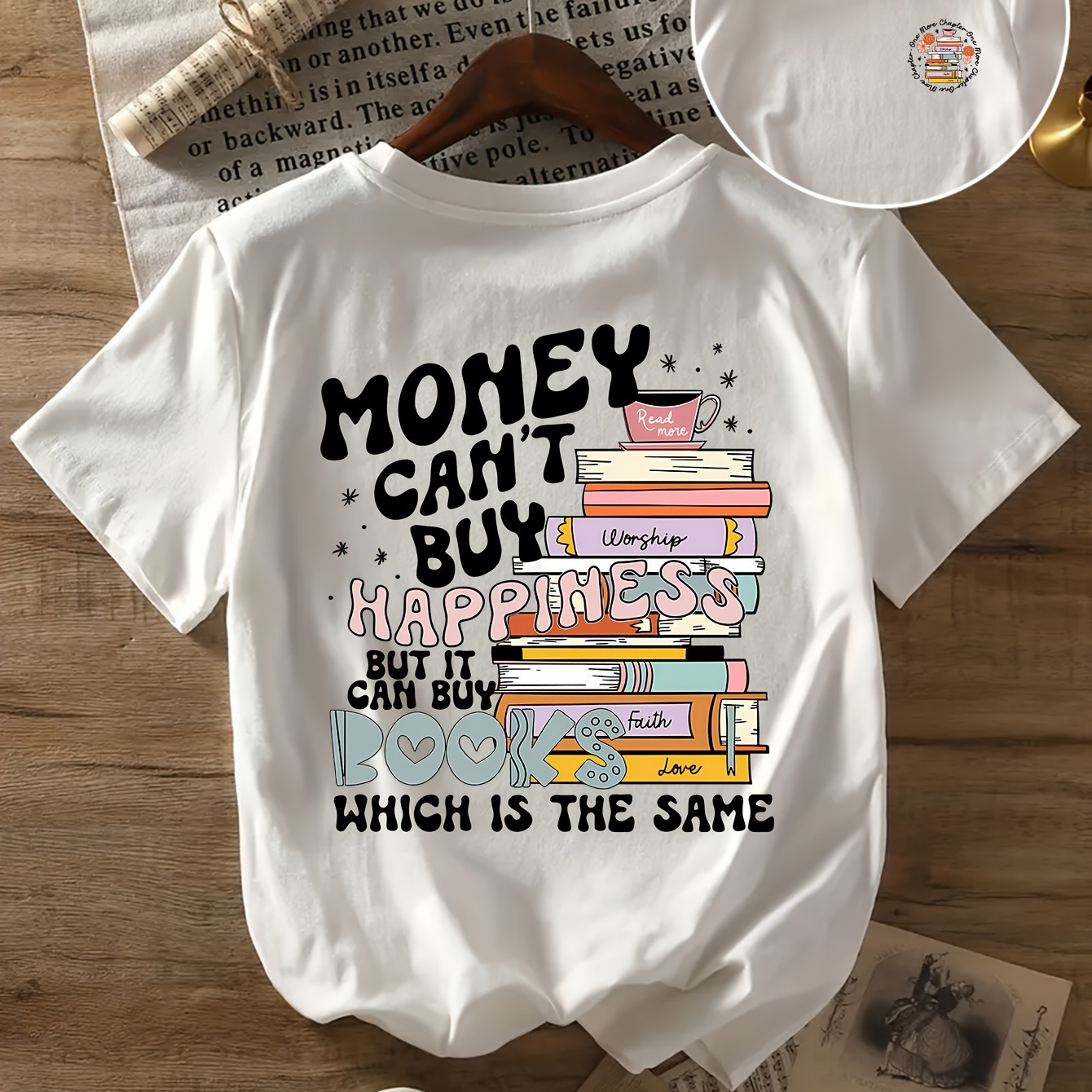 

Books Neck T-shirt, Casual Short Sleeve Top For , Women's Clothing, Round Neck