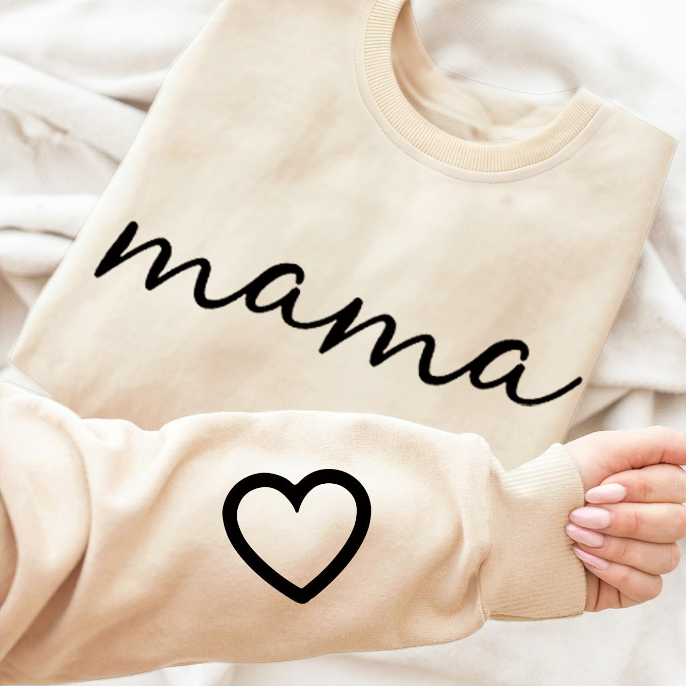 

Mama Letter & Heart Graphic Print Sweatshirt, Crew Neck Casual Sweatshirt For Fall & Spring, Women's Clothing