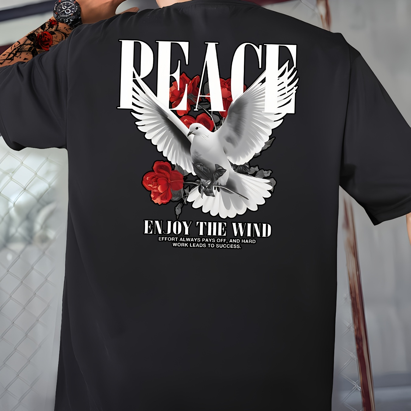 

Peace Print Men's Casual T-shirt, Trendy Short Sleeve Comfy Versatile Summer Tee Tops
