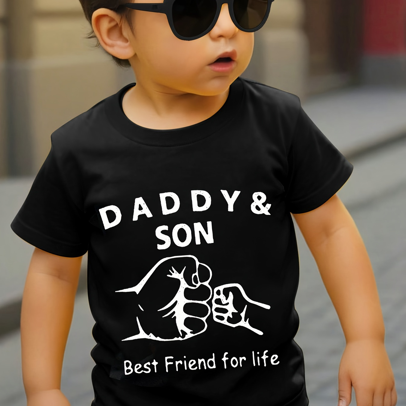 

Daddy & Son Print Boy's Casual T-shirt, Short Sleeve Comfy Tee Tops, Summer Outdoor Sports Clothing