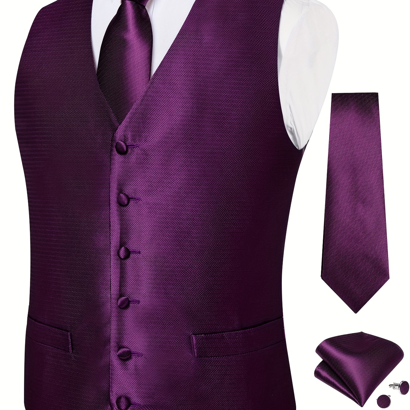 Plus Size Mens Solid Color Jacquard V Neck Vest Suit, Waistcoat Necktie Pocket Square Set, Hanky Cufflinks Set For Wedding Suit Set